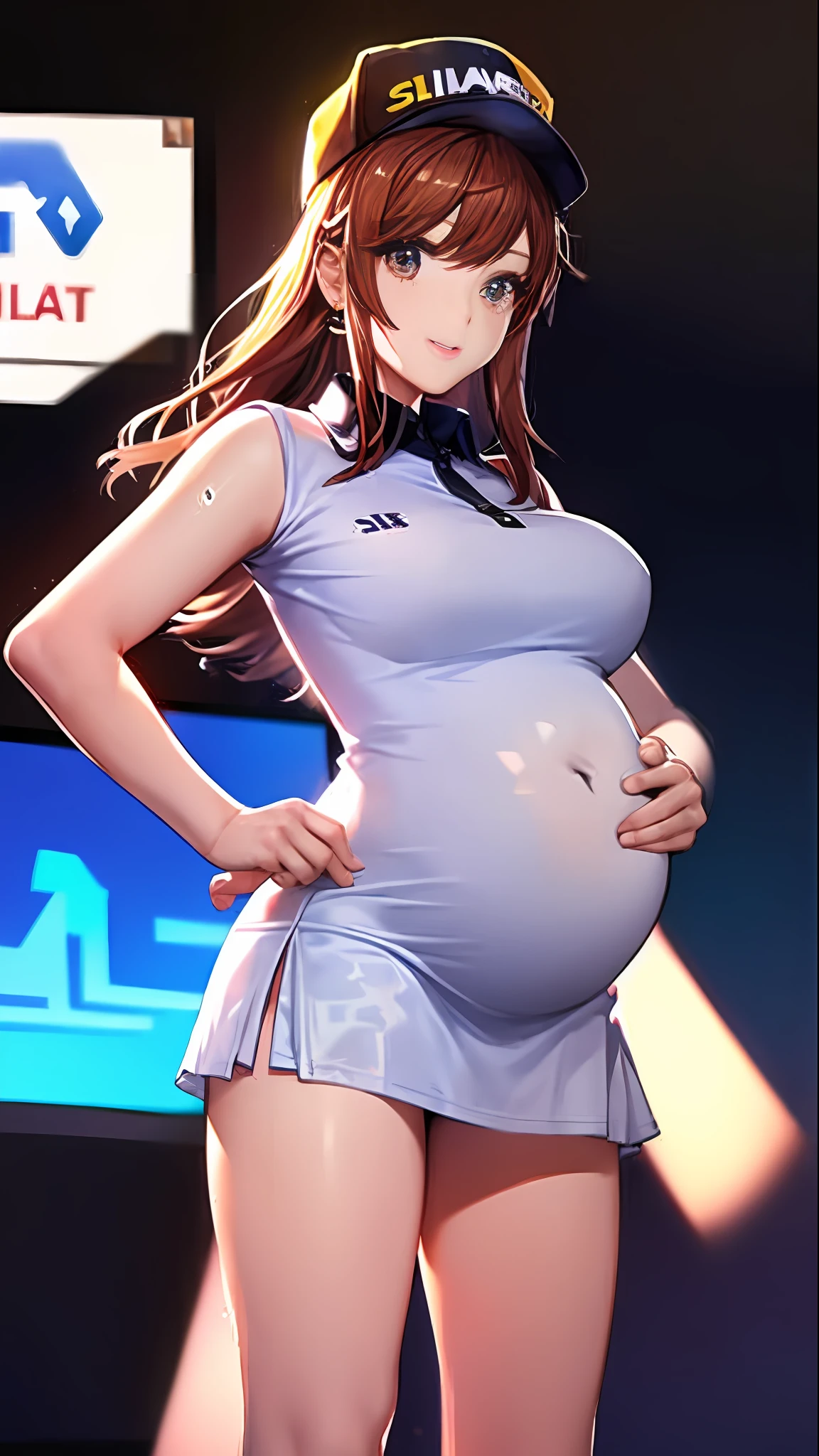 hoang lap、tmasterpiece、Best quality、realisticlying、Hyper-detailing、(Shiny skin,sweat leggs:1.4)、Slim、Look at the audience、1girll、Solo、tennis wear、White polo shirt、White sneakers、white mini-skirt、long whitr hair、silber hair、eBlue eyes、(thick thight:0.5)、动态照明、A high resolution、sharp fokus、depth of fields、Large breasts,Pregnant belly,Pregnant women with,a navel,A pair of hands,ssmile,Eyes are loving,Lines of a tight grid,perfect bodies,Wearing white stockings