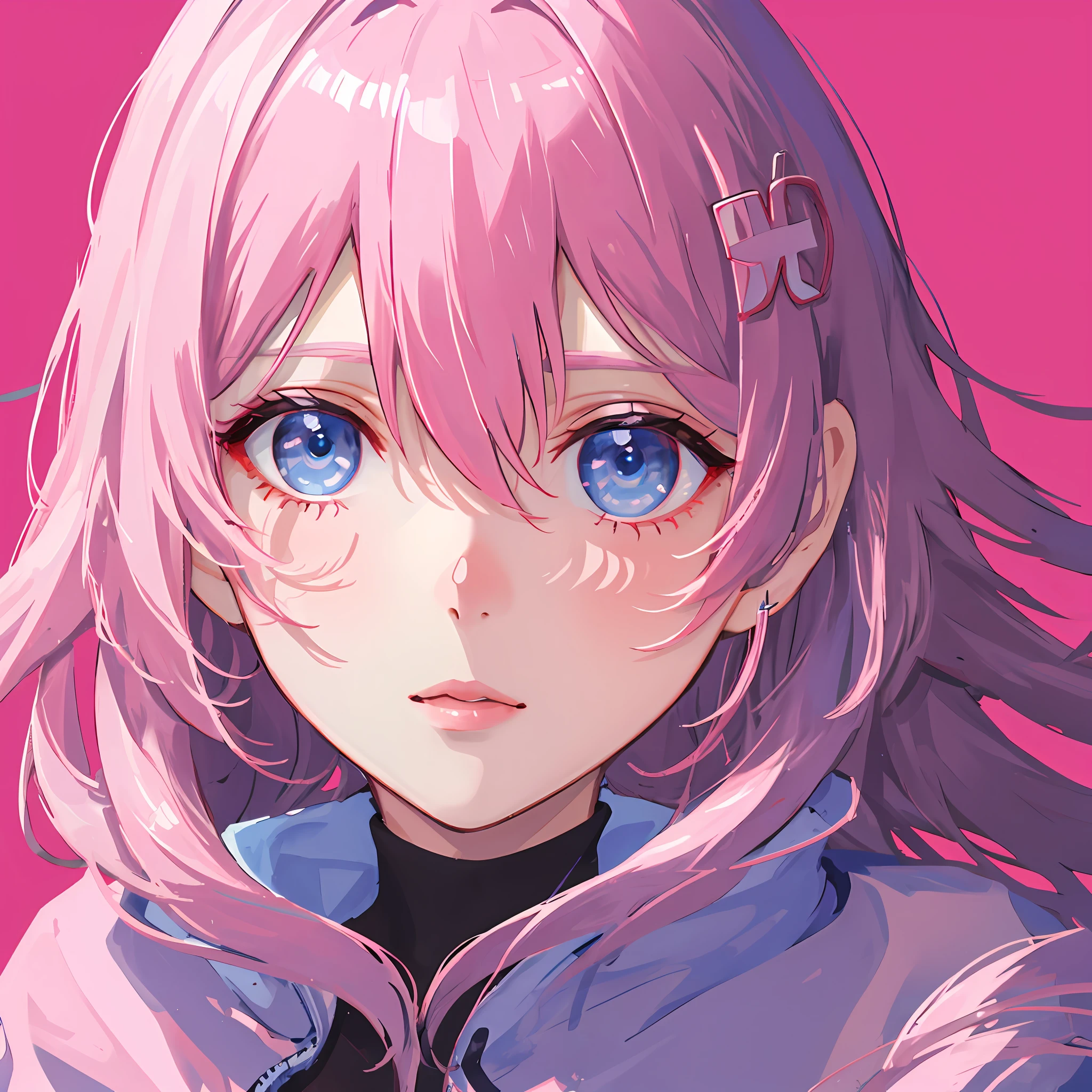 mksks style, masterpiece, best quality, ultra-detailed, illustration,   face focus, 1girl,  portrait
hair ornament, cube hair ornament, blue eyes, (pink long hair), bangs, hair between eyes, ( pink track jacket)