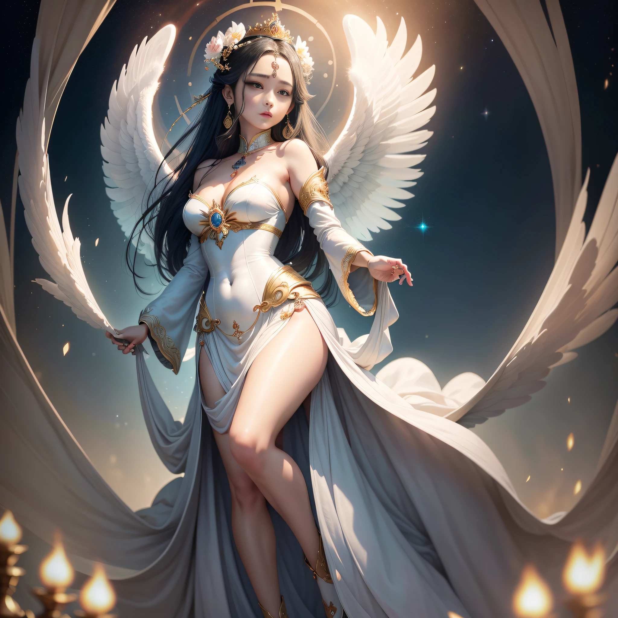 (Best Quality:1.5), (Exquisite CG), (High resolution:1.5),The woman in this photo is、She's like a princess in heaven.。Her appearance is as beautiful as an angel、Elegance abounds。She is accompanied by two angels.、It looks like a heavenly being。Each angel has a ring of angels.、Its holiness shows their purity。

She herself has an angelic glow.、A circle of angels shines above its head。In addition, there are angel wings growing on her back.、Its beautiful plumage symbolizes her grace and divinity。Her figure is symmetrical.、It has the perfect balance。The appearance fascinates the viewer、It has such beauty that it will be miryo。

Her beautiful and elegant figure is、She is the very princess of heaven.、Its existence should be celebrated as sacred。This photo is、It depicts a heavenly existence where beauty and elegance are united.、It will impress and admire the viewer。