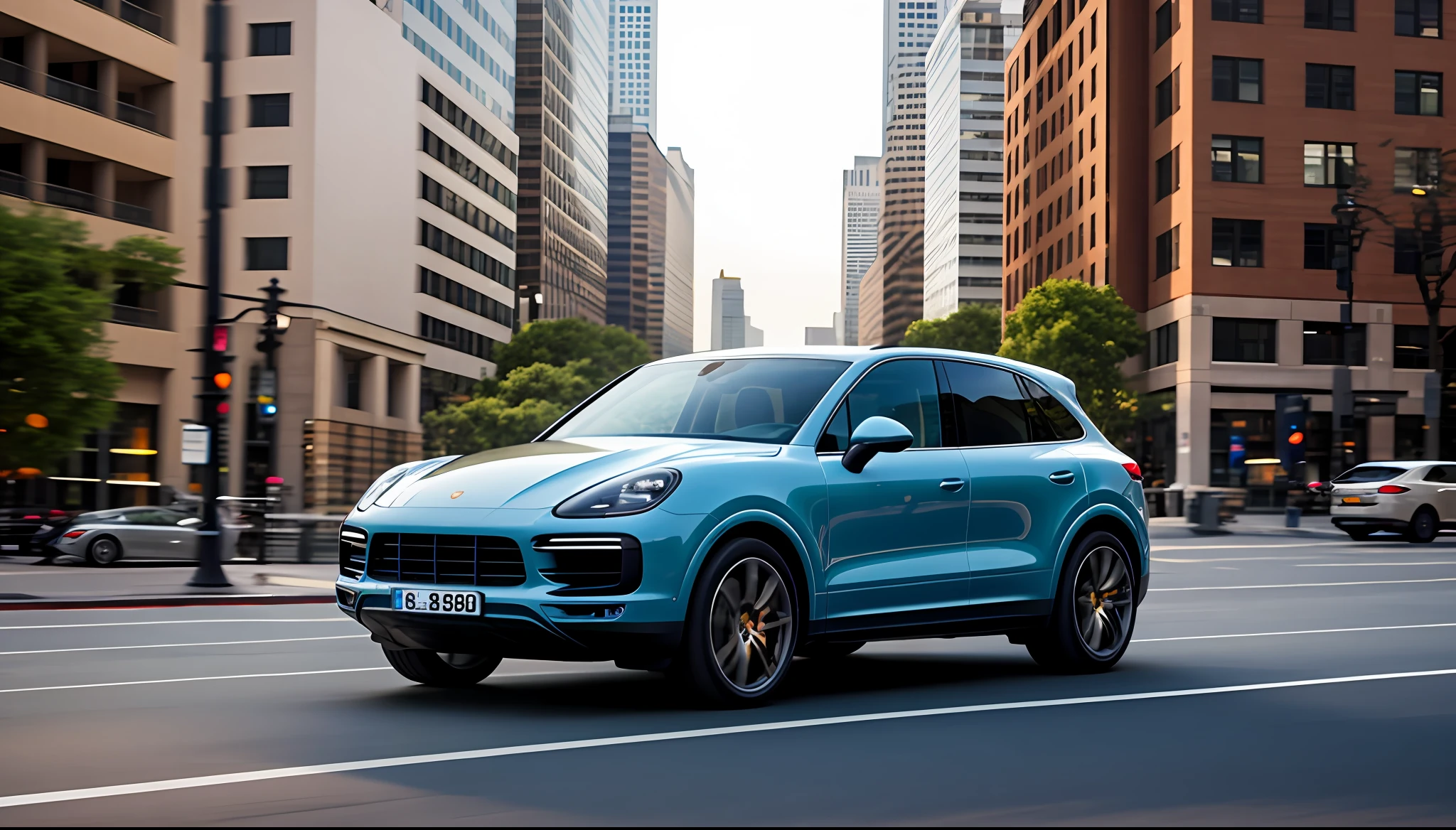 Porsche Cayenne， In motion， In the city in the morning， tmasterpiece， Best quality at best， high qulity， realistic illumination， cinmatic lighting， A high resolution， sharp， on focus， 4k， Very detailed， Ray traching， Shadow dynamics， Light dynamics， urban backdrop， Texture dynamics， texture detail， HDR， blooms，High reflex，
