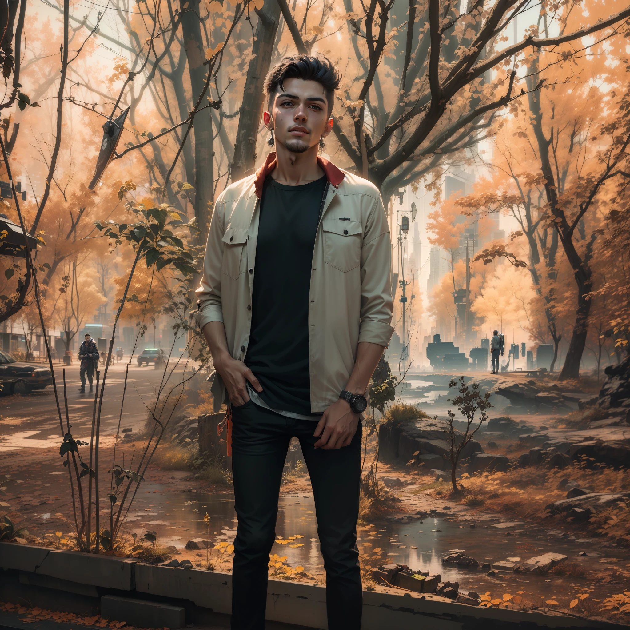 Change background to cyberpunk, handsome boy, realistic
