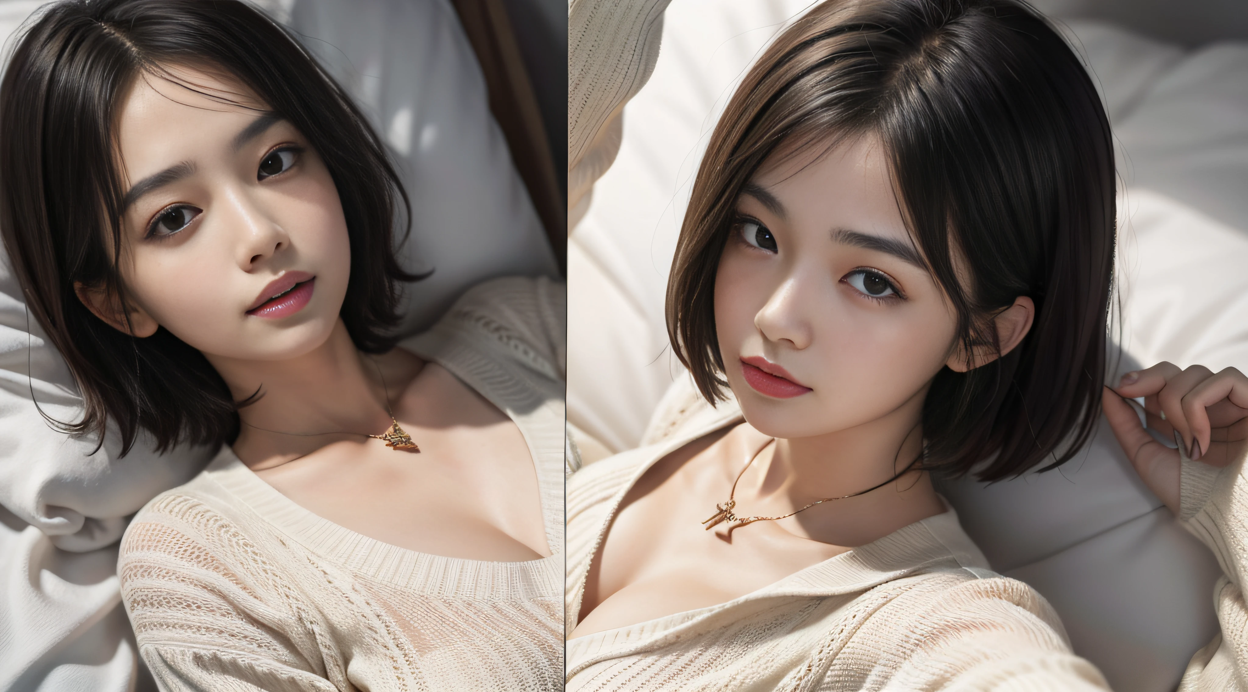 (best qualtiy,8k,32k,tmasterpiece,UHD:1.2),Beautiful Japanese woman in the photo,Large breasts,Very short Bob hair,The upper part of the body,sface focus,oversized_sweater,The necklace sinks into cleavage,simple backgound,The lens goes down from above,The woman looks up at the audience,Translucent sailor suit
