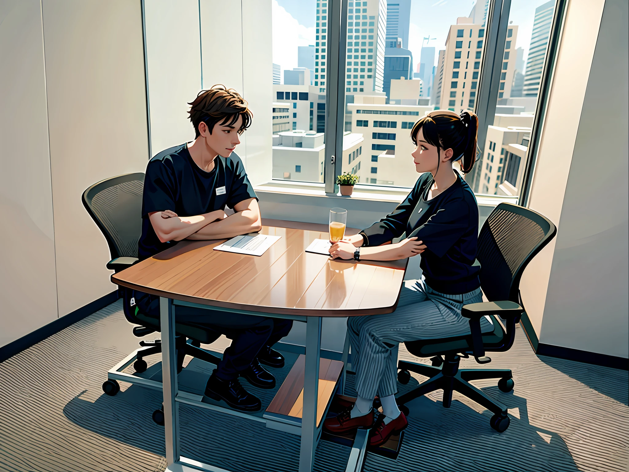 There are two people sitting at a table talking to each other, Be interviewed, At the office, sitting in office, In the office, interview, working in an office,