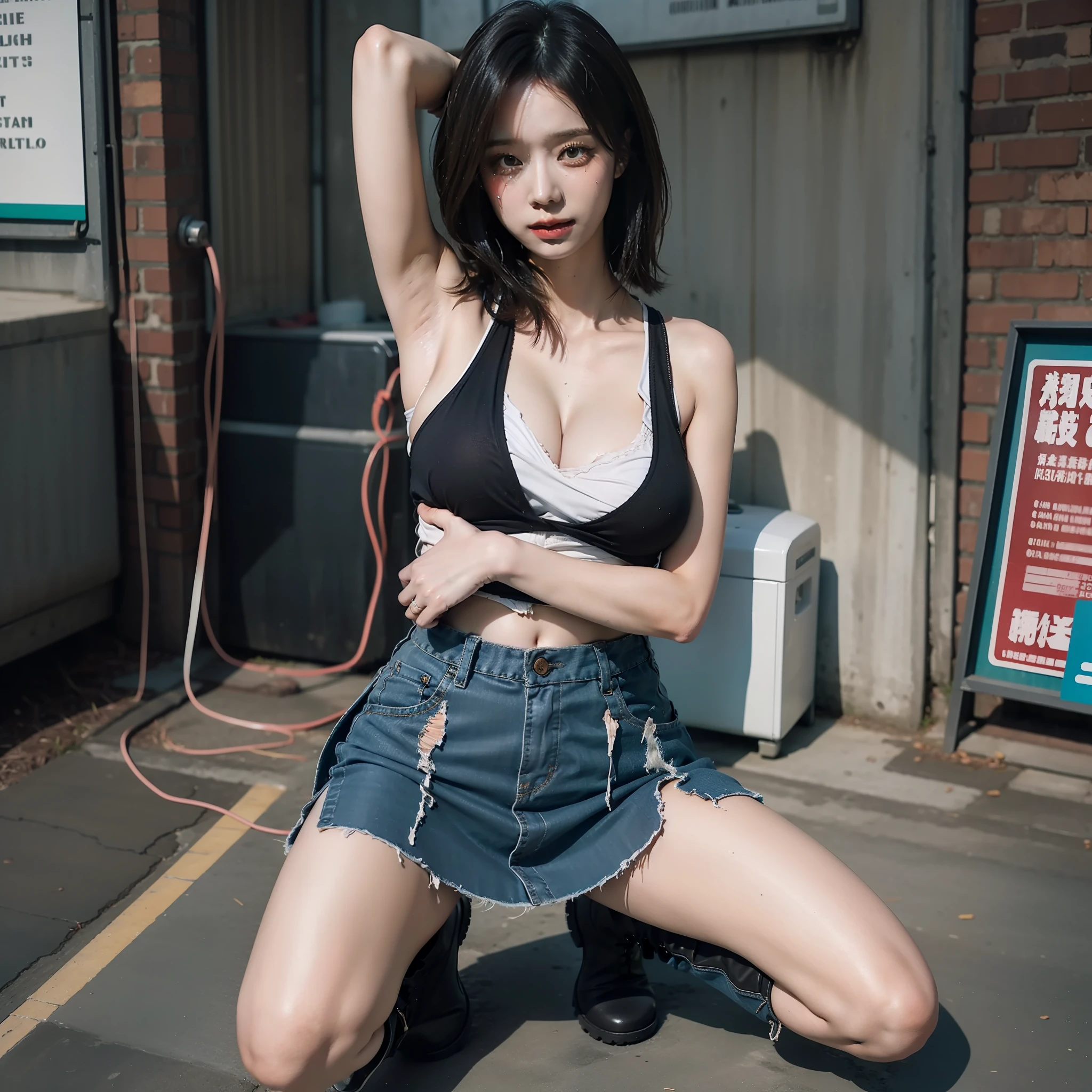 Realistic Photos、is crying、Kneeling、Banzai、Emphasis on the armpits、cleavage of the breast、Torn tight white tank top、Black pleated mini skirt、High boots