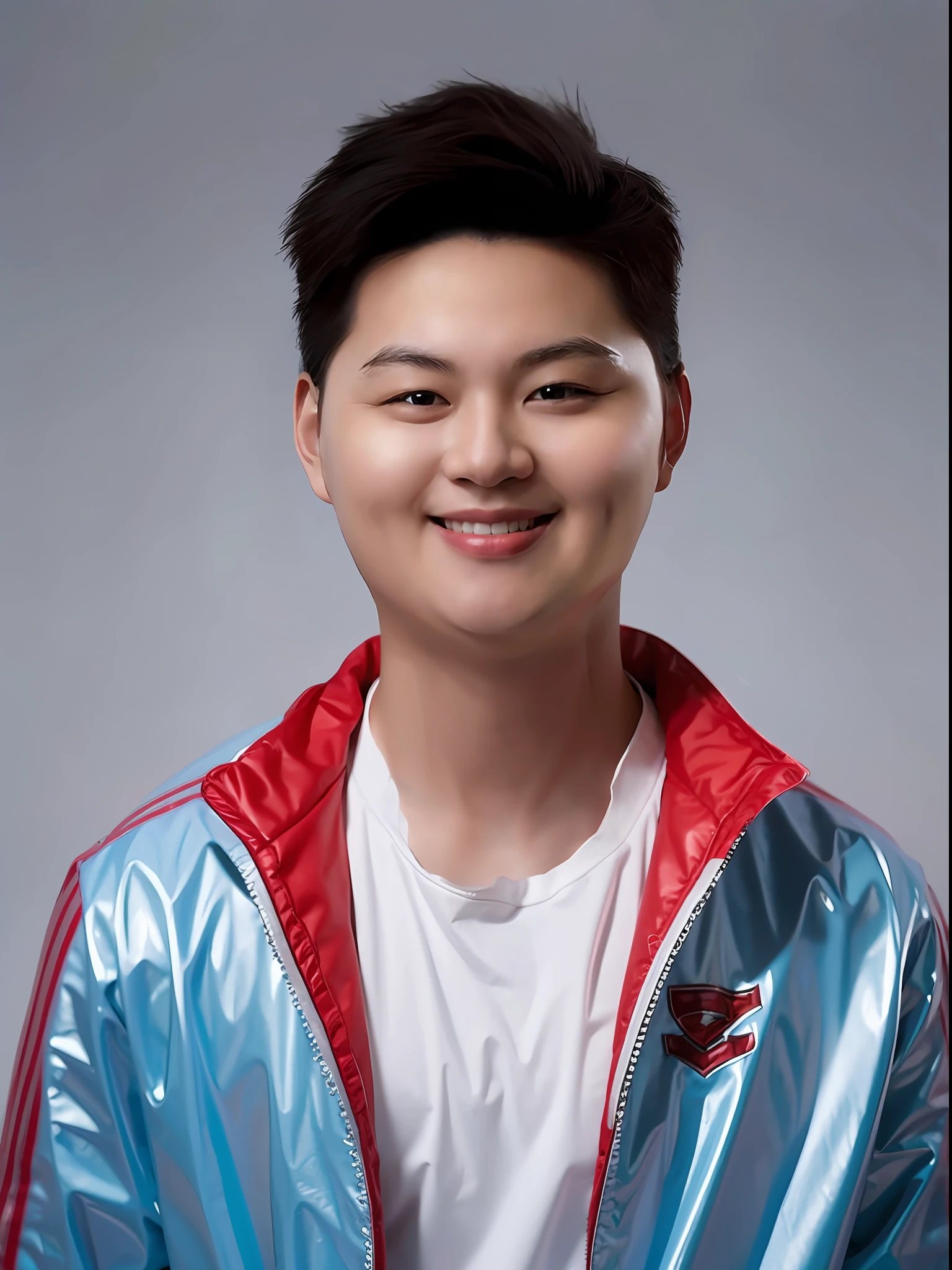 Chinese male high school student,Wearing PVC light blue tracksuit