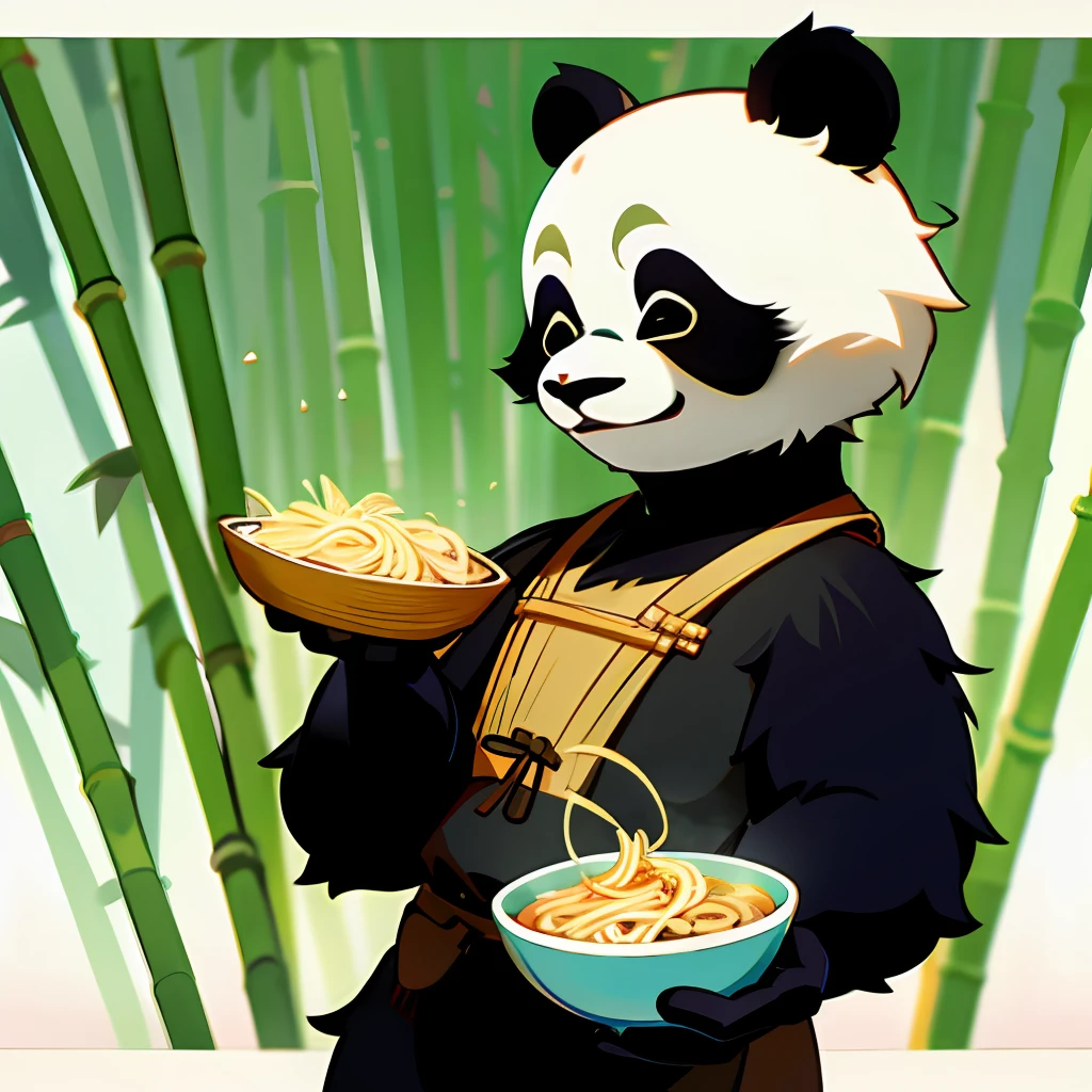 A cute panda,Holding a bowl of noodles in his hand,hairy pubic,The background is a bamboo forest,No Man,Rich in color,adorable smile,2K,pixar-style