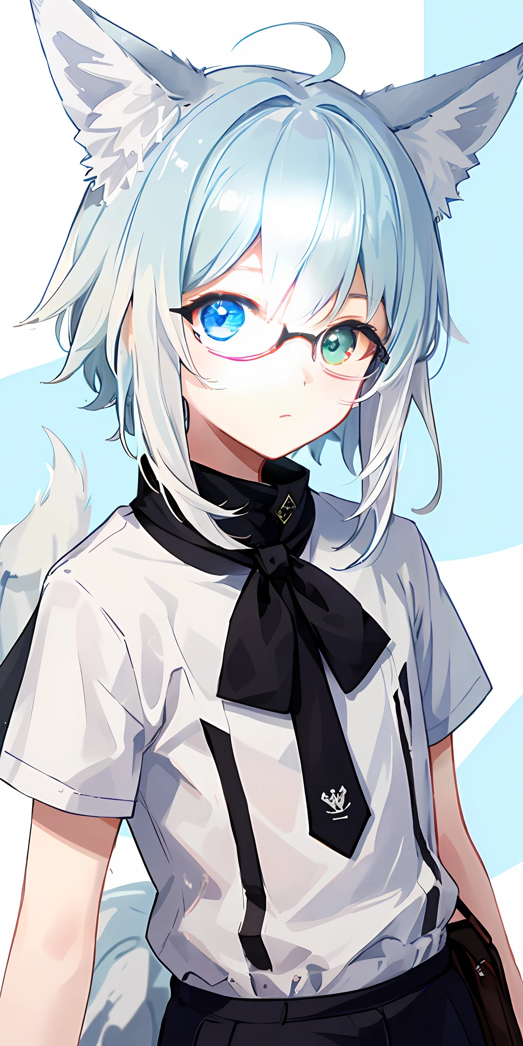 1boy,Shota,(high-definition quality,Masterpiece level),Wolf ears、Wolf Tail highlights the sense of belonging to the character,(Heterochromatic eyes and the color of light blue hair echo each other),with clean lines,tmasterpiece, lightblue hair, Heterochromic eyes,(Wolf ears),(Wolf tail),((One tail)),A young boy with,Lean body type,Dull hair,Brown pick dye,with fair skin,Student uniform,wears glasses