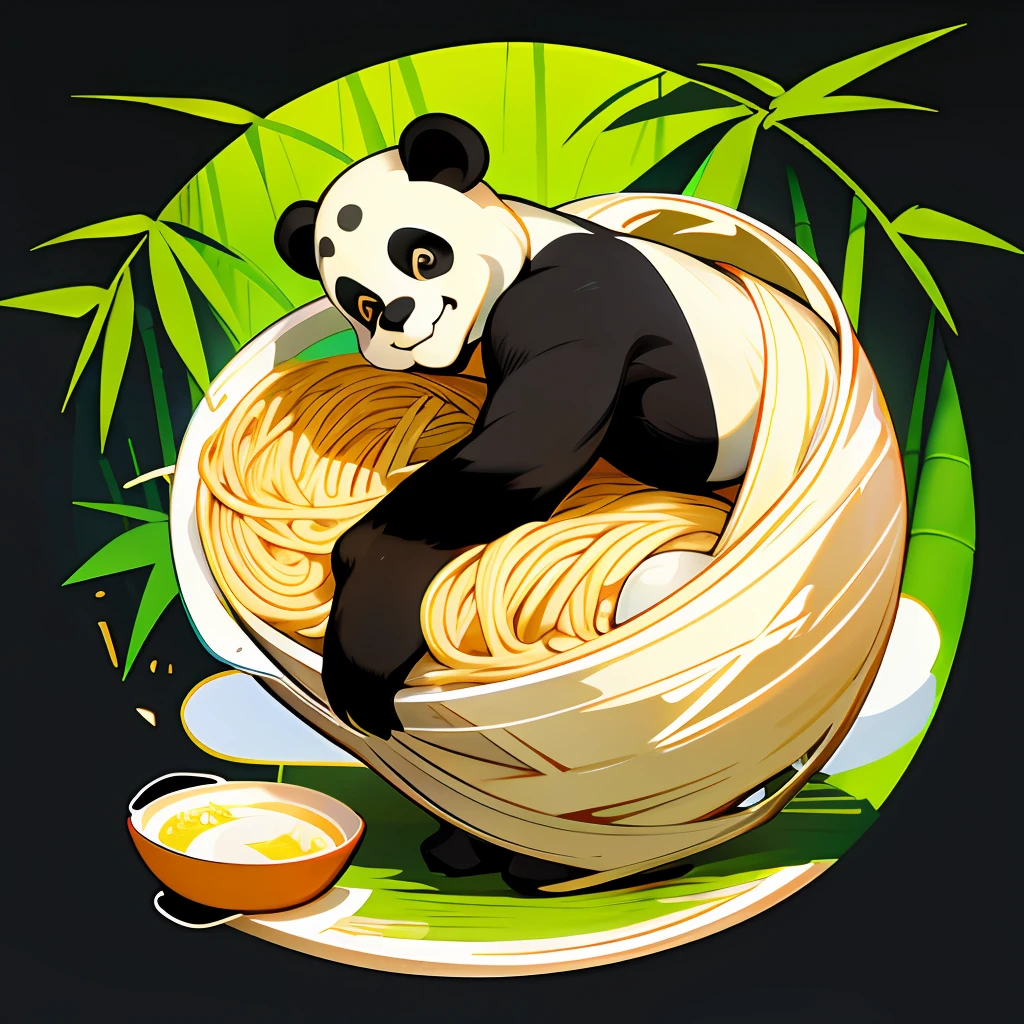 A cute panda,Holding a bowl of noodles in his hand,hairy pubic,The background is a bamboo forest,No Man,Rich in color,adorable smile,2K,pixar-style