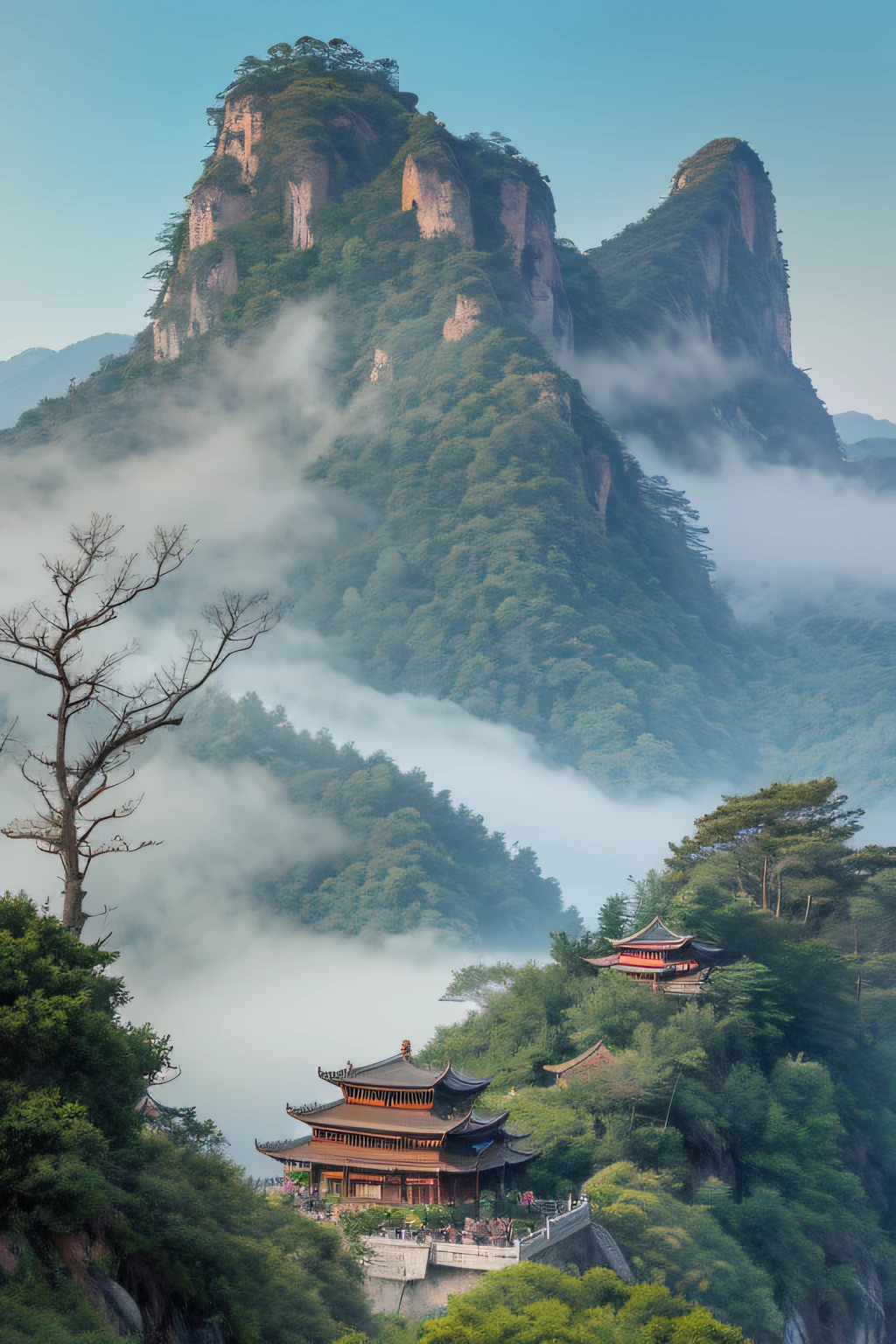 ((Masterpiece)),((Best quality)),32k ULTRAHD，Epic composition，Chinese ink painting on paper，ancient buildings of China，The mountain road is winding，Temple on a cliff，The light reflects the golden mountaintop，Misty clouds，Turquoise spring water flowing from a mountain stream，Verdant pine trees，Asuka Waterfall on the mountain in the distance，The water mist is hazy，Summer resort，Cyan Far Mountain，A grand and mysterious artistic conception，China-style，The legendary sanctuary。