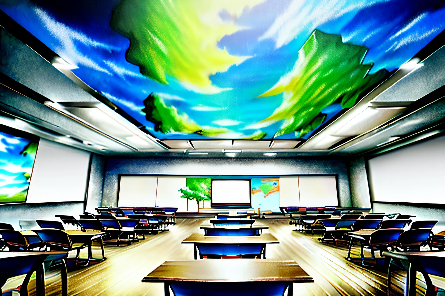 （Computer：1.5）（Bright environment：1.4）One computer above each desk，Anime background art，relaxing concept art，Anime landscape concept art，immensely detailed scene，a beautiful artwork illustration，Computer classroom learning environment，highly detailed scenario，beautiful anime scenes，Anime landscapes，detailed soft painting，environment painting