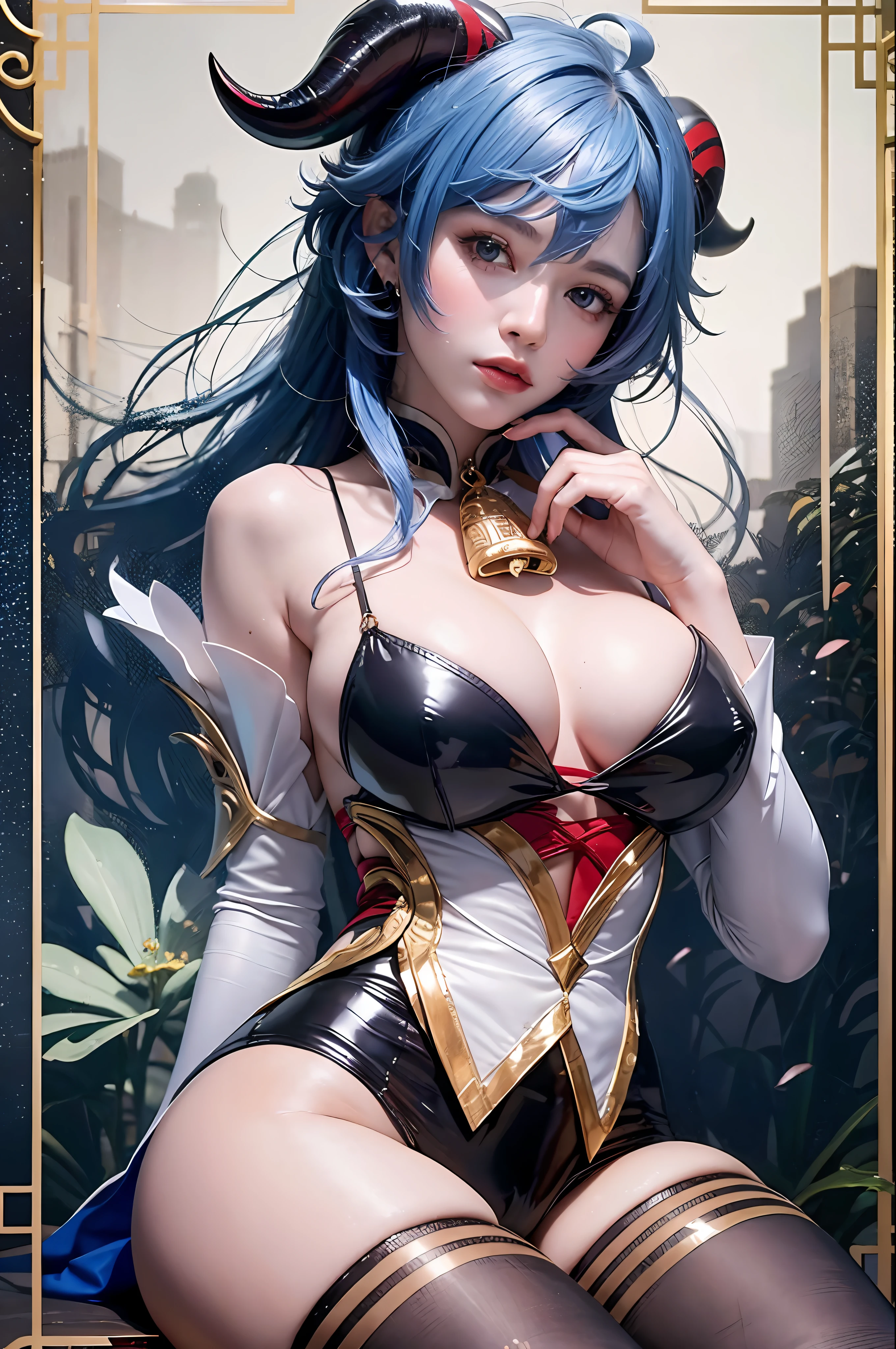 (photorealistic:1.4), (masterpiece, sidelighting, finely detailed beautiful eyes: 1.2), masterpiece*portrait, realistic, 3d face, 
ganyu \(genshin impact\), 1girl, ahoge, architecture, bangs, bare shoulders, bell, black gloves, black pantyhose, (blue hair), blush, breasts, chinese knot, detached sleeves, flower knot, gloves, horns, long hair, looking at viewer, medium breasts, neck bell