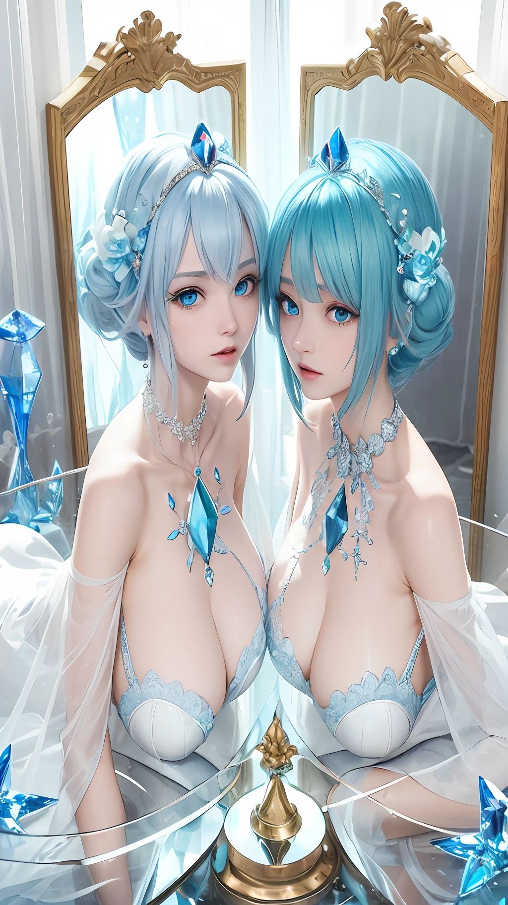 inverted image like a mirrors,
2 goddesses face each other, lying in a crystals, The other she reflects like a mirror, ultra delicate detailed image,
anime, 2d,
perfect beauty mirror's 2 goddesses,
The icy ground, it reflects the 2 goddesses in front like a mirror,
she is semi-transparent,
she has clearly blue hair and eyes,
she has mystical phantasma elixir's glass
32k, cryengine, masterpiece