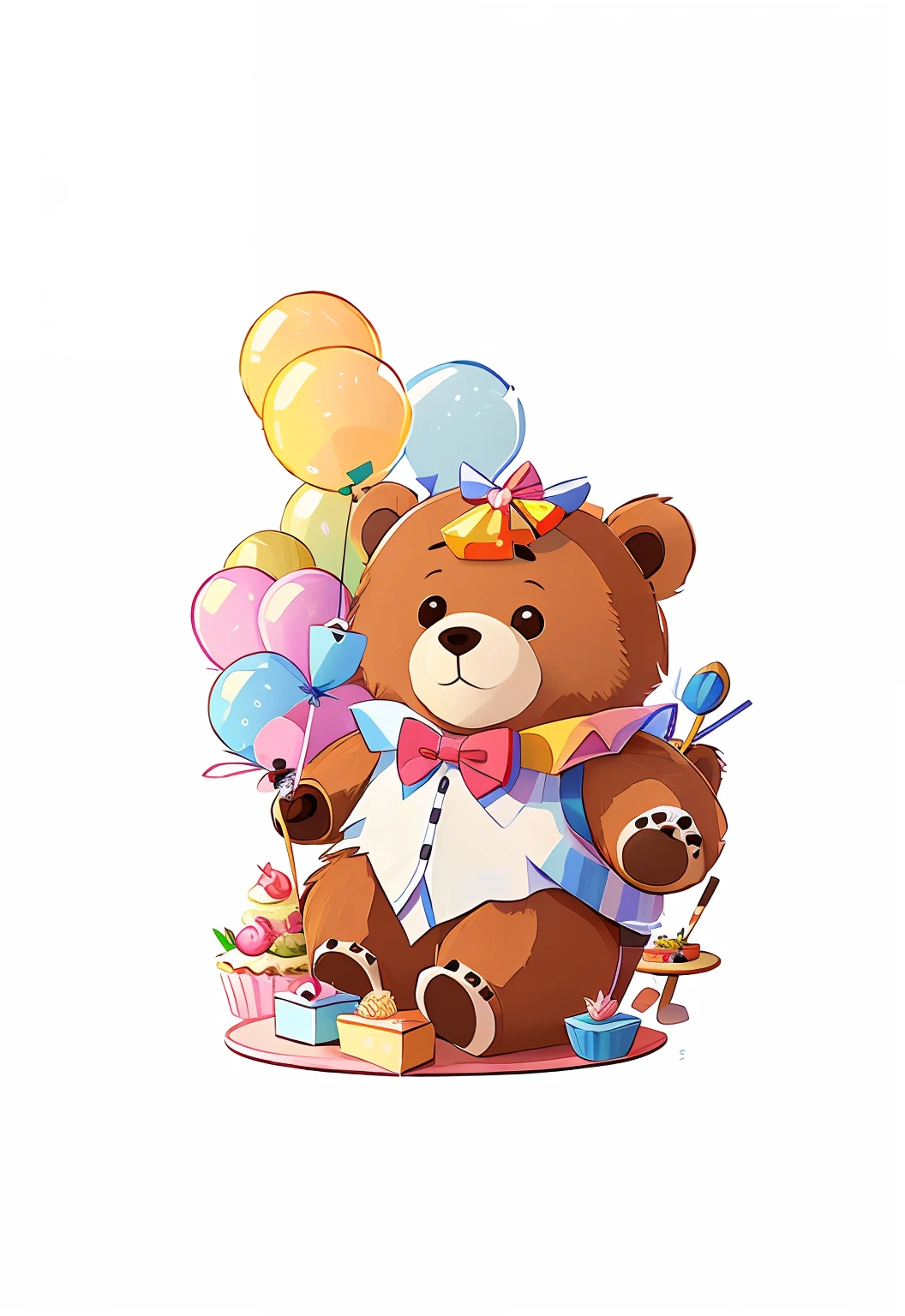 Cartoon bear with bow tie and birthday cake, toy bear, Cute detailed digital art, portrait of anthropomorphic bear, lovely digital painting, A beautiful artwork illustration, High-quality fanart, adorable digital art, lovely art style, loish van baarle, telegraph stickers design, miniature bear, Teddy bear with gun,minimal style，Flat illustration style，Simple graphics