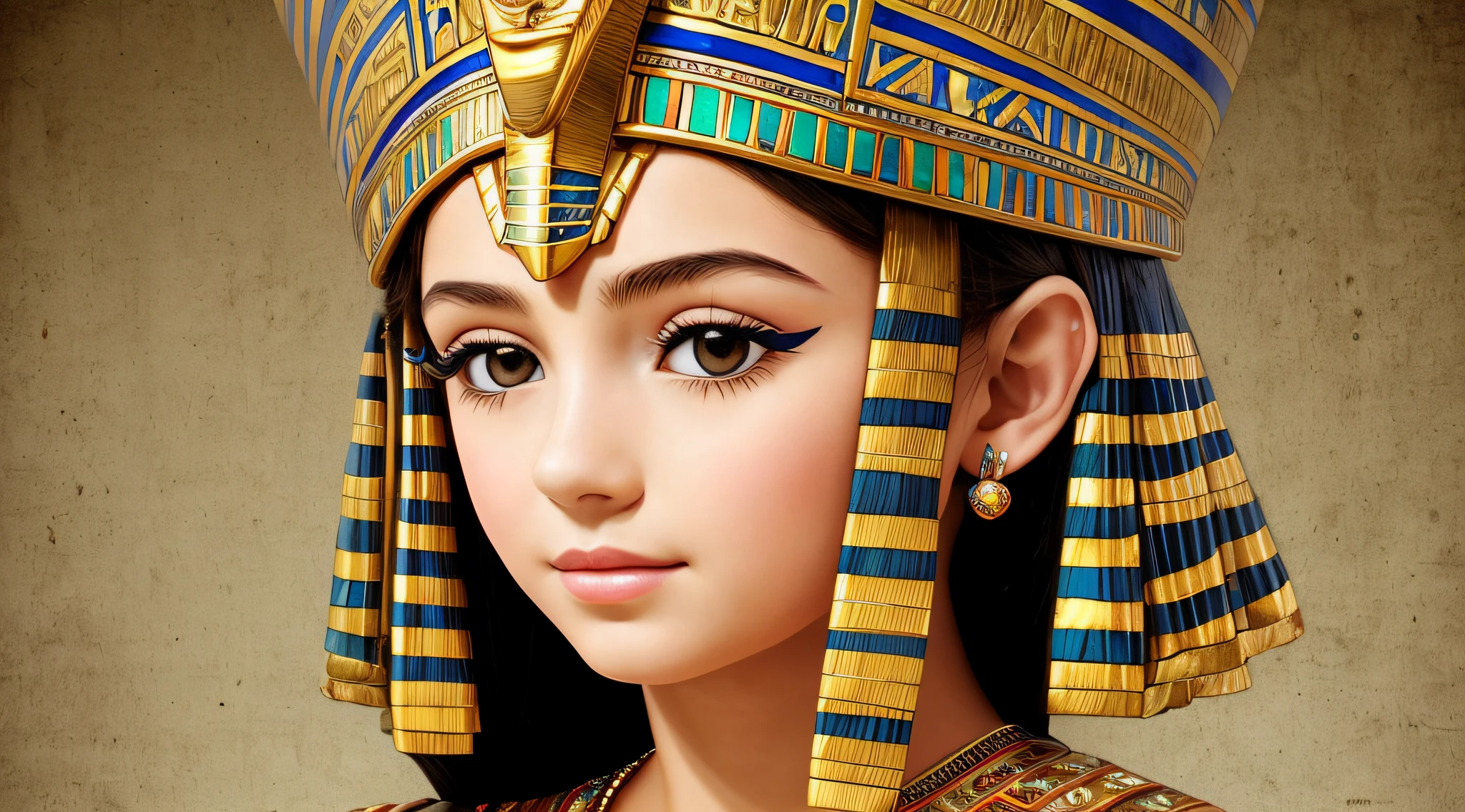 a GIRL OF CHILD blonde with long hair, A closeup of a bust of a woman wearing a hat, wearing an Egyptian crown, Nefertiti, ancient egyptian, egyptian, egyptian makeup, precise for egyptian tradition, egyptian art, makeup of egypt, beautiful and huge head ornaments, ancient egyptian art, ancient egyptian art, ancient egypt, beautiful cleopatra, Egyptian princess, ancient Libu princess