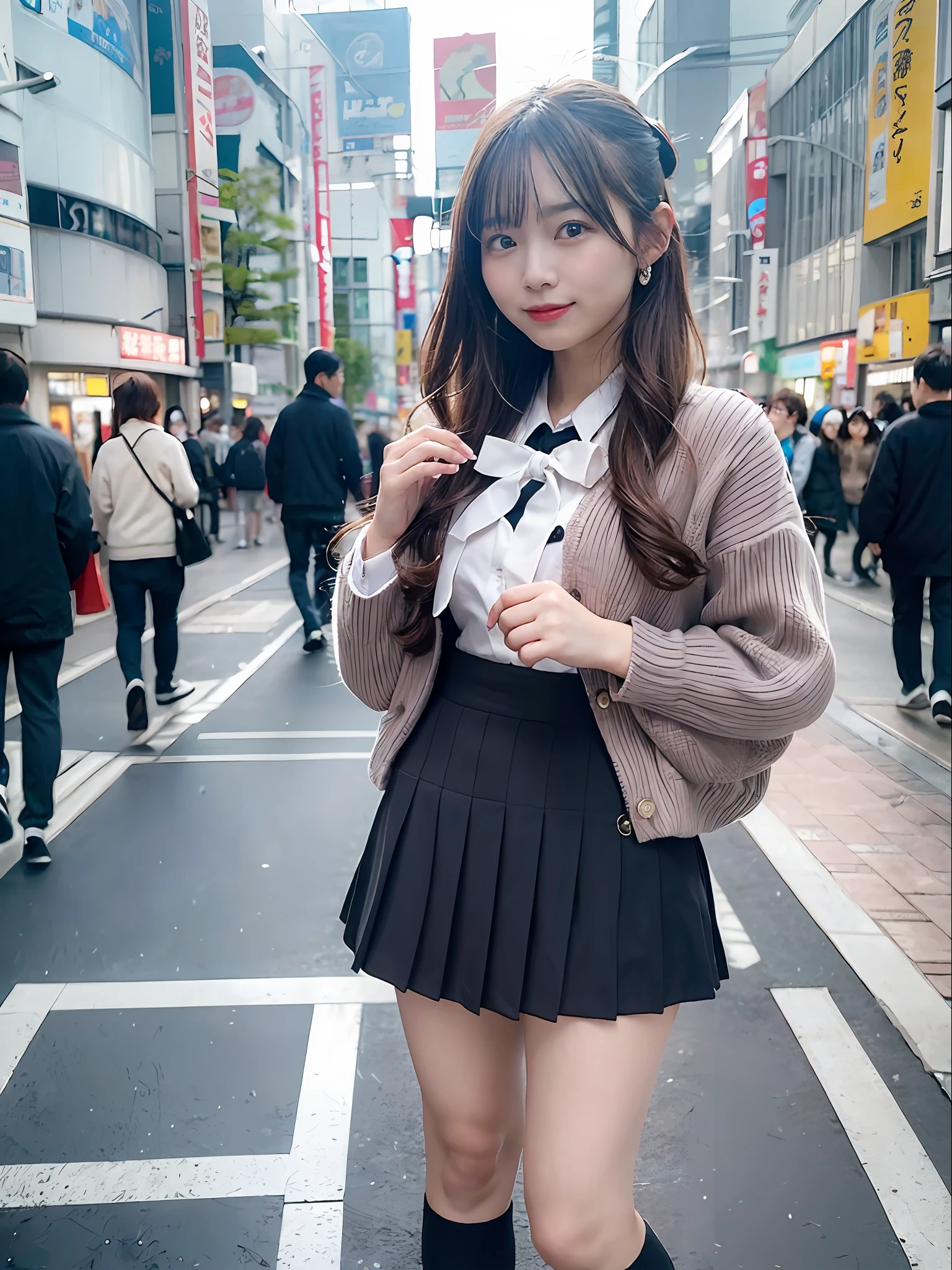 Ultra top quality, masterpiece, ultra high resolution, (photorealistic: 1.4), highly detailed CG Unity 8k wallpaper, detailed and complex, original, high resolution, raw photo, (perfect figure), fine and complex, DSLR, soft lighting, high quality, film grain, Leica camera, 50mm lens, backlight, HDR, hyperrealistic, color grade, dynamic pose, portrait, Japan person, smile, lips, bangs, (crowded akihabara: 1.2), front view viewer, natural light, girl, 20 years old, full body, solo, student, junior high school, uniform, sailor color, bobby socks, pleated skirt, daytime, on the street, deep shadow, cute, beauty, discreet, cold light 12000K \ Street, store status, Akihabara, Shinjuku, Shibuya, Ikebukuro