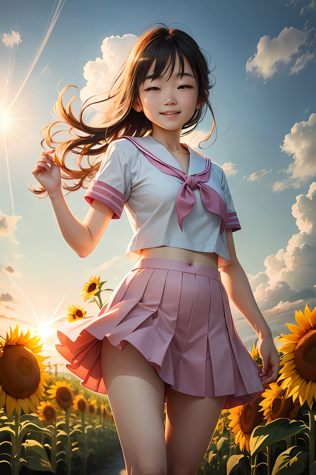 high-level image quality。Beautiful morning sun overlooking the sunflower field、A smiling 18-year-old standing there、The image of a Japan schoolgirl shines。She wears a pale pink sailor suit.、Short skirt swaying in the wind。 --auto
