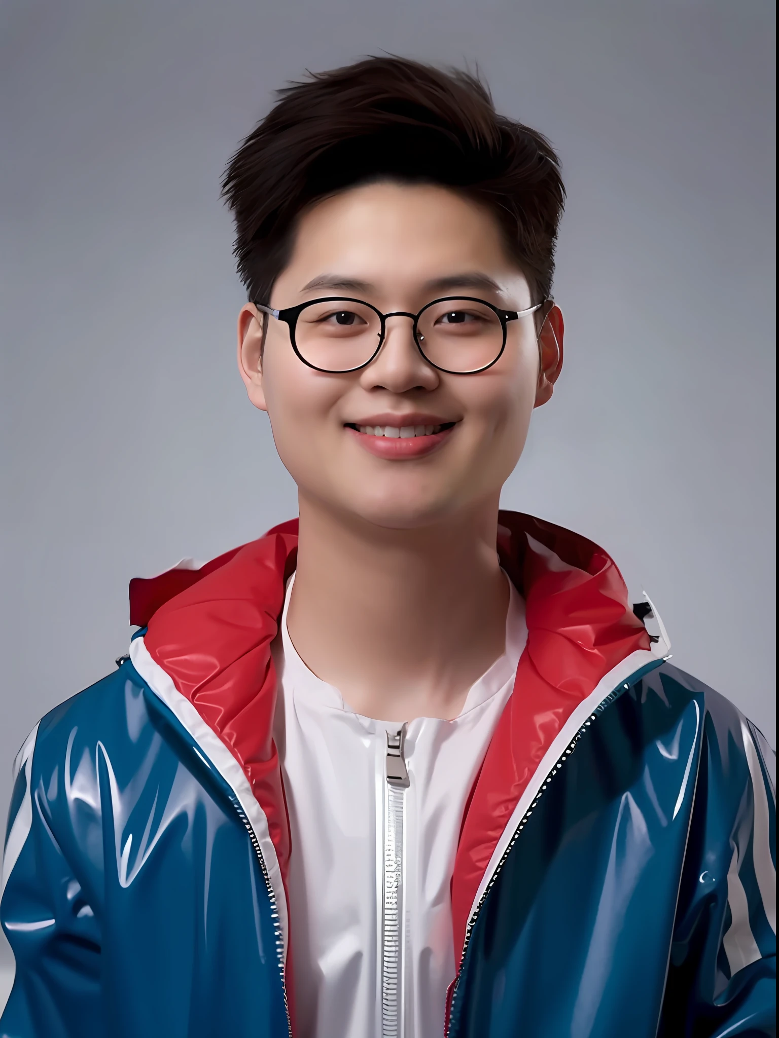 Chinese male high school student,Wearing PVC light blue tracksuit