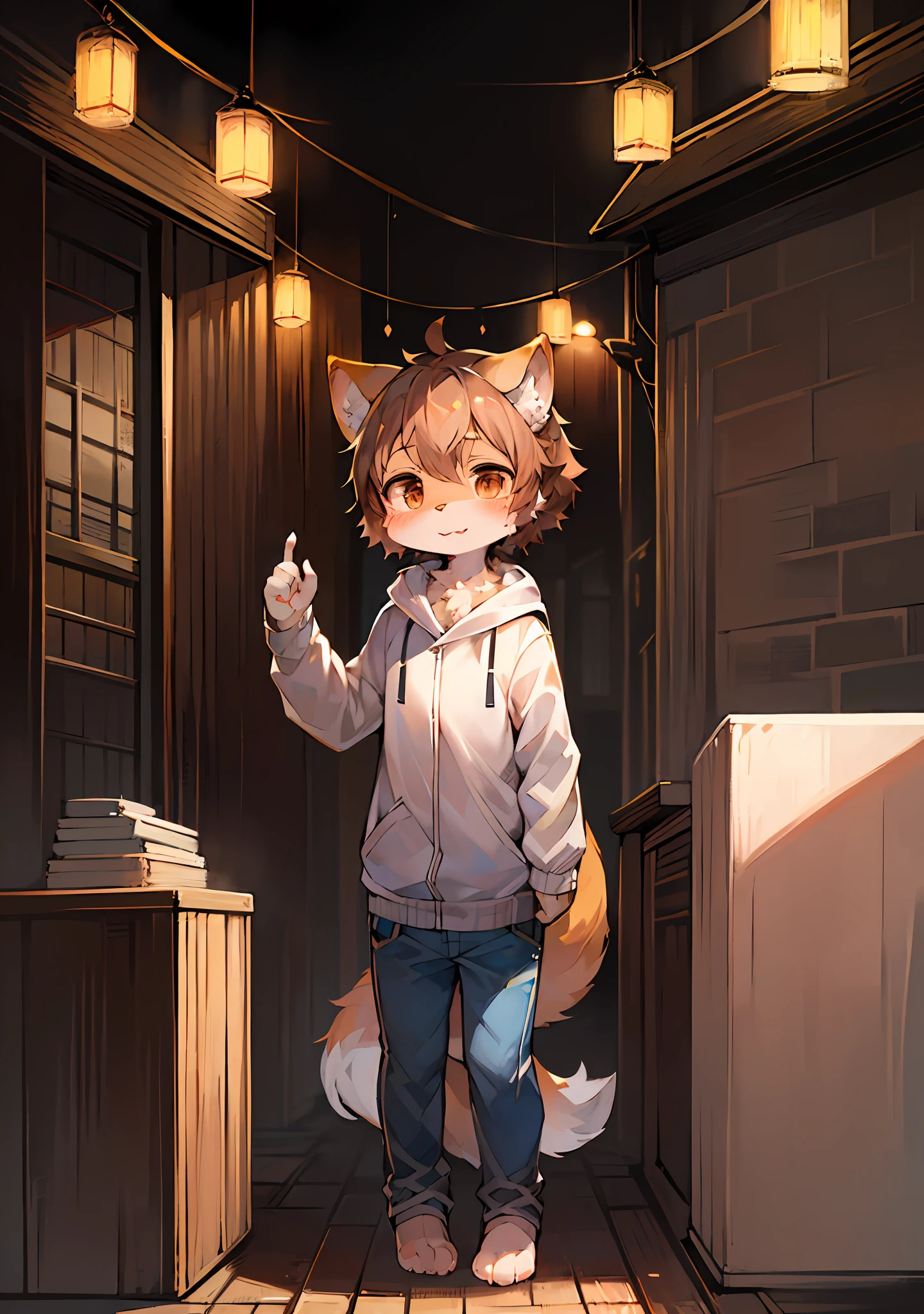 (Bright environment:0.8),masterpiece,high quality,abstract res,digital painting\(artwork\), by dagasi, yupa,kiyosan,(anthro,fluffy fur,character focus:1.1),anthro male cat,short hair,portrait , eyes with brightness, in a panoramic view, Character focus.(detailedbackground:0.7), 独奏, shaggy, Furry female, female focus, anthr,(Full Body Furry, A fluffy tail, Brown and white fur, with brown eye, brown  hair:1.2), (canid、White jacket、denim pant：1.2），（external、morning、城市、15year old：1.1）