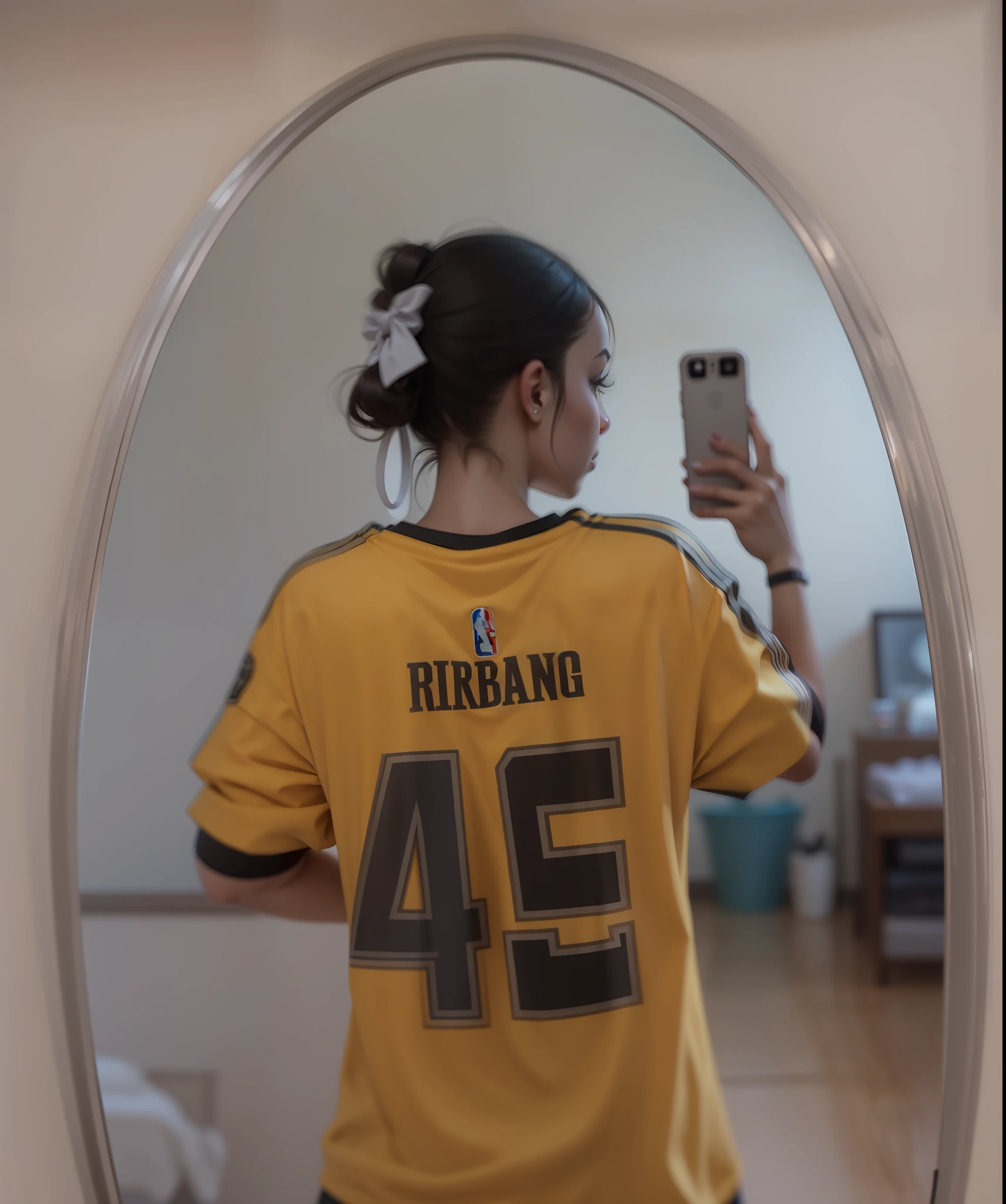 arafed girl in a yellow shirt taking a picture of herself in a mirror, blurry image, blurry photo, blurry face, blurry, distorted photo, low quality photo, very blurry, not blurry, with her back turned, very very low quality picture, view from behind mirror, wearing nba jersey, wearing the number 1 headband, backshot