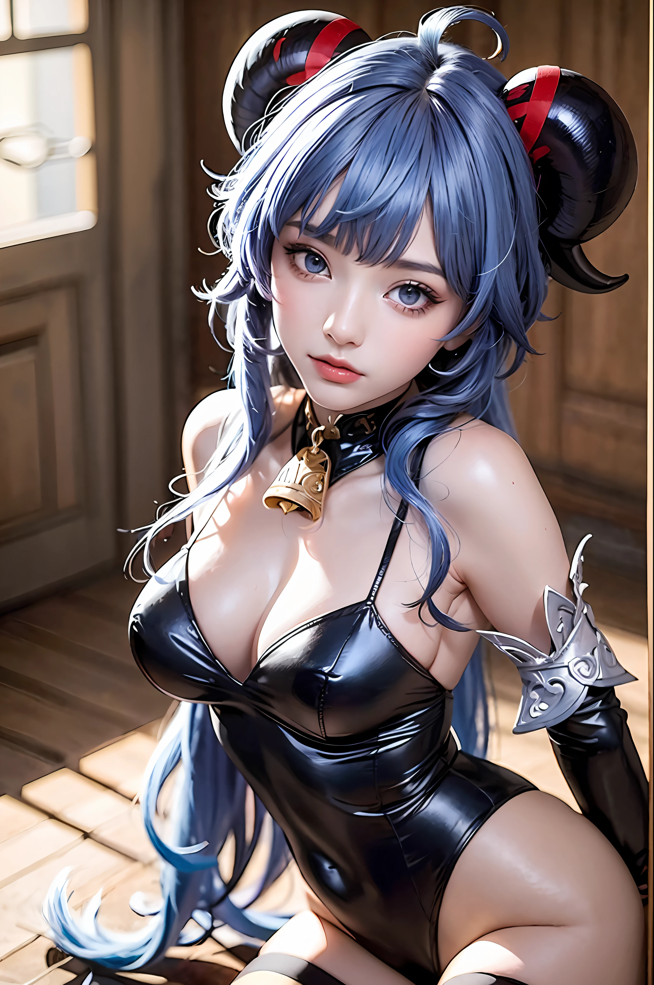 (photorealistic:1.4), (masterpiece, sidelighting, finely detailed beautiful eyes: 1.2), masterpiece*portrait, realistic, 3d face,
ganyu \(genshin impact\), 1girl, ahoge, architecture, bangs, bare shoulders, bell, black gloves, black pantyhose, (blue hair), blush, breasts, chinese knot, detached sleeves, flower knot, gloves, horns, long hair, looking at viewer, medium breasts, neck bell