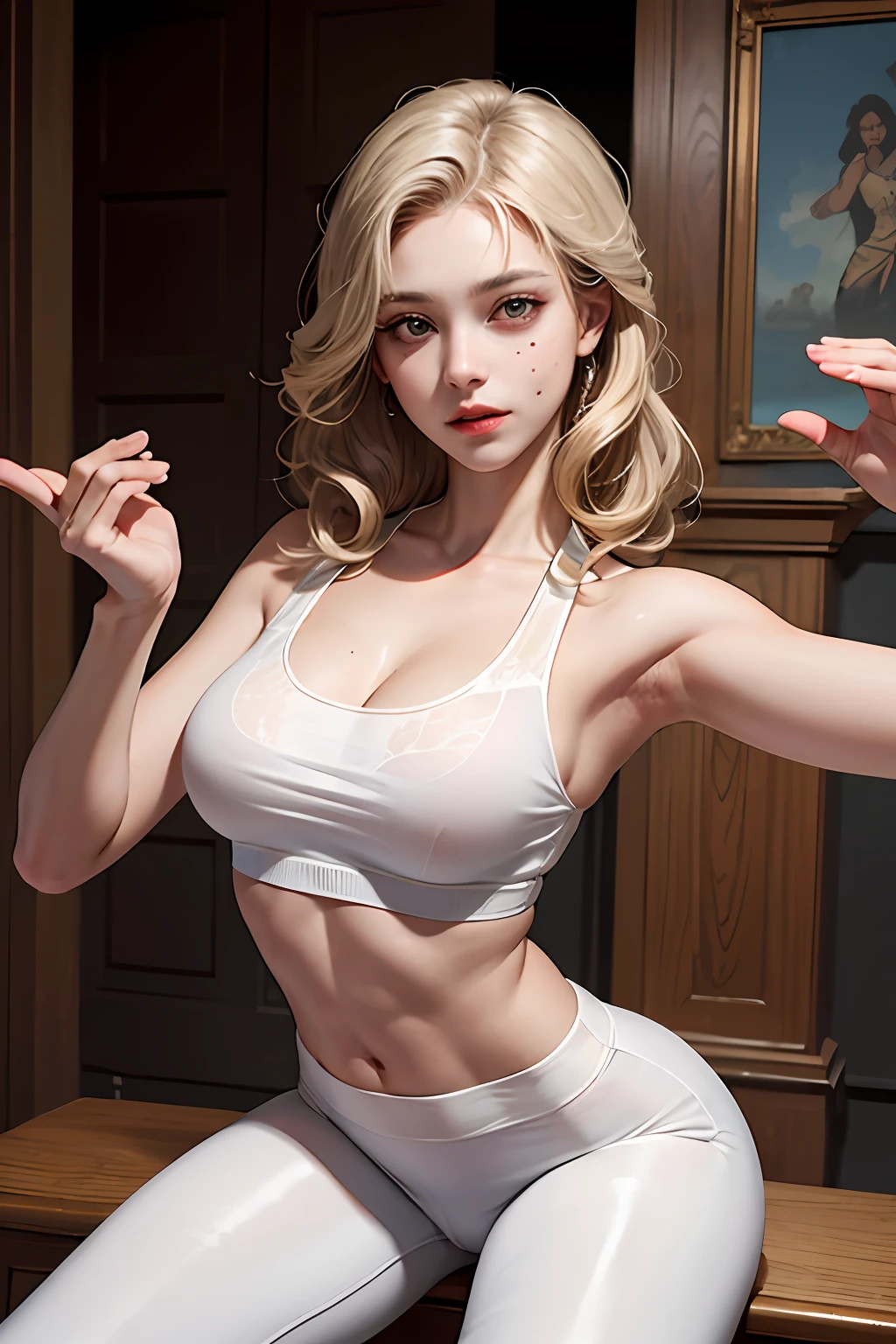 (hyperrealistic), (illustration), (high resolution), (8K), (extremely detailed), (best illustration), (beautiful detailed eyes), (best quality), (ultra-detailed), (masterpiece), (wallpaper), (detailed face), solo 1 girl, white wavy hair, korean, heterochromic eyes, small moles under the eyes, loose white shirt, yoga pants, big breasts, long legs, tight abs, camel toes, dynamic pose