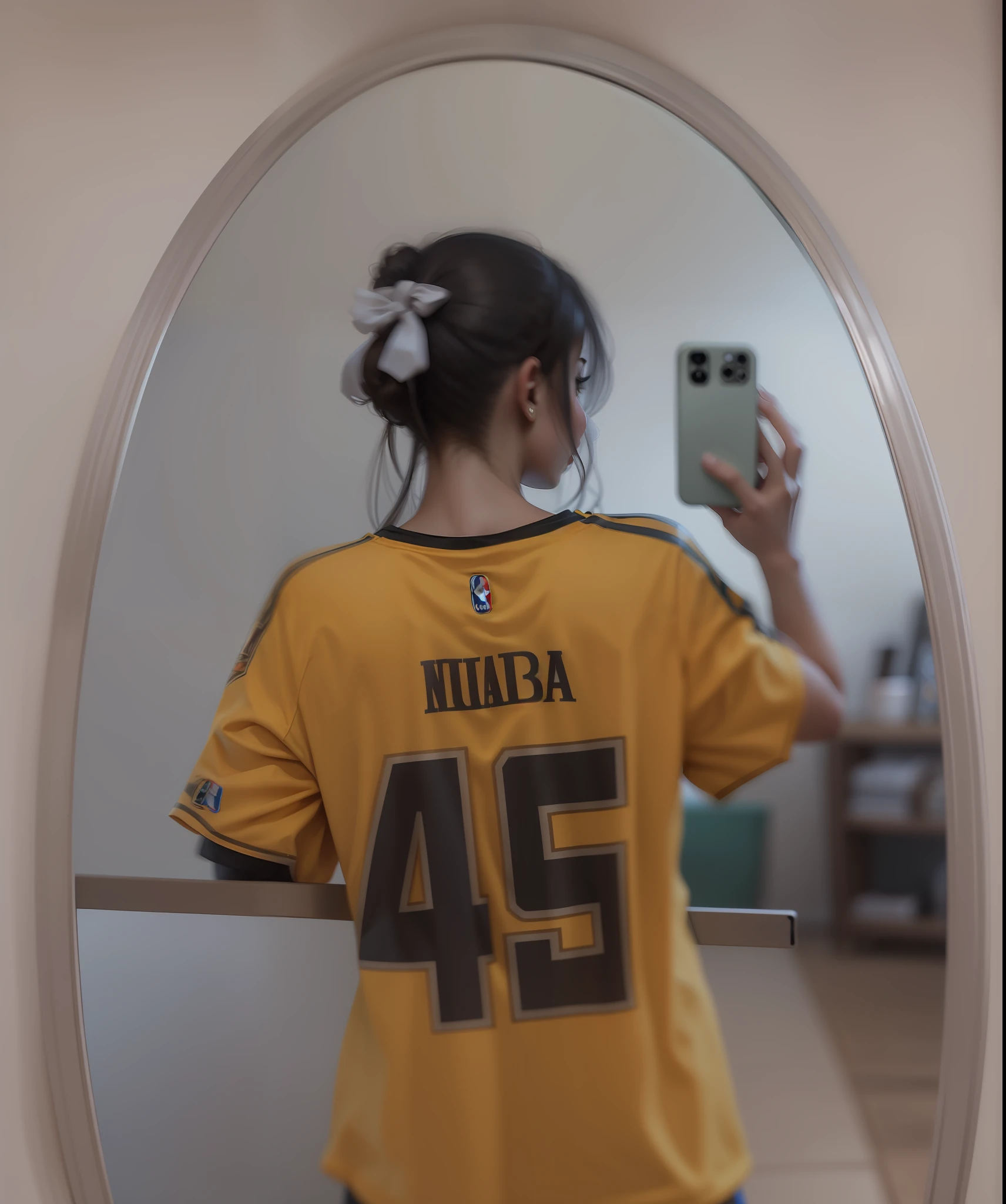 arafed girl in a yellow shirt taking a picture of herself in a mirror, blurry image, blurry photo, blurry face, blurry, distorted photo, low quality photo, very blurry, not blurry, with her back turned, very very low quality picture, view from behind mirror, wearing nba jersey, wearing the number 1 headband, backshot