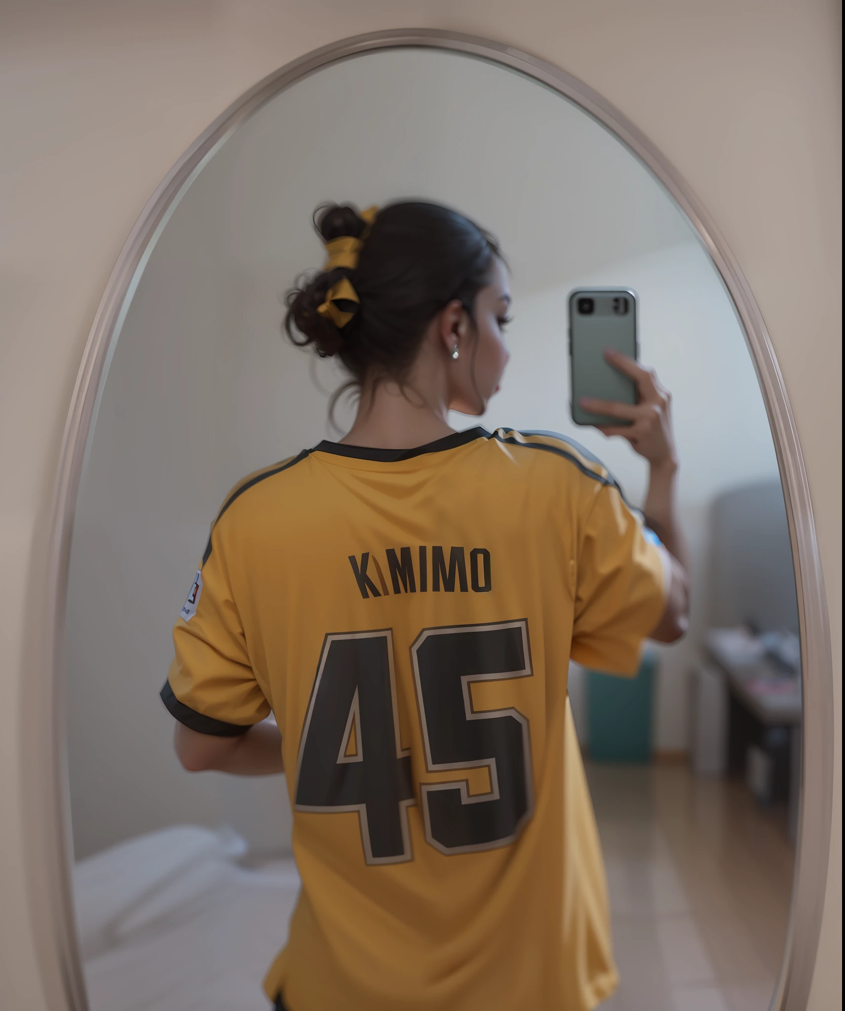 arafed girl in a yellow shirt taking a picture of herself in a mirror, blurry image, blurry photo, blurry face, blurry, distorted photo, low quality photo, very blurry, not blurry, with her back turned, very very low quality picture, view from behind mirror, wearing nba jersey, wearing the number 1 headband, backshot, on the jersey there is Kimno and with number 45
