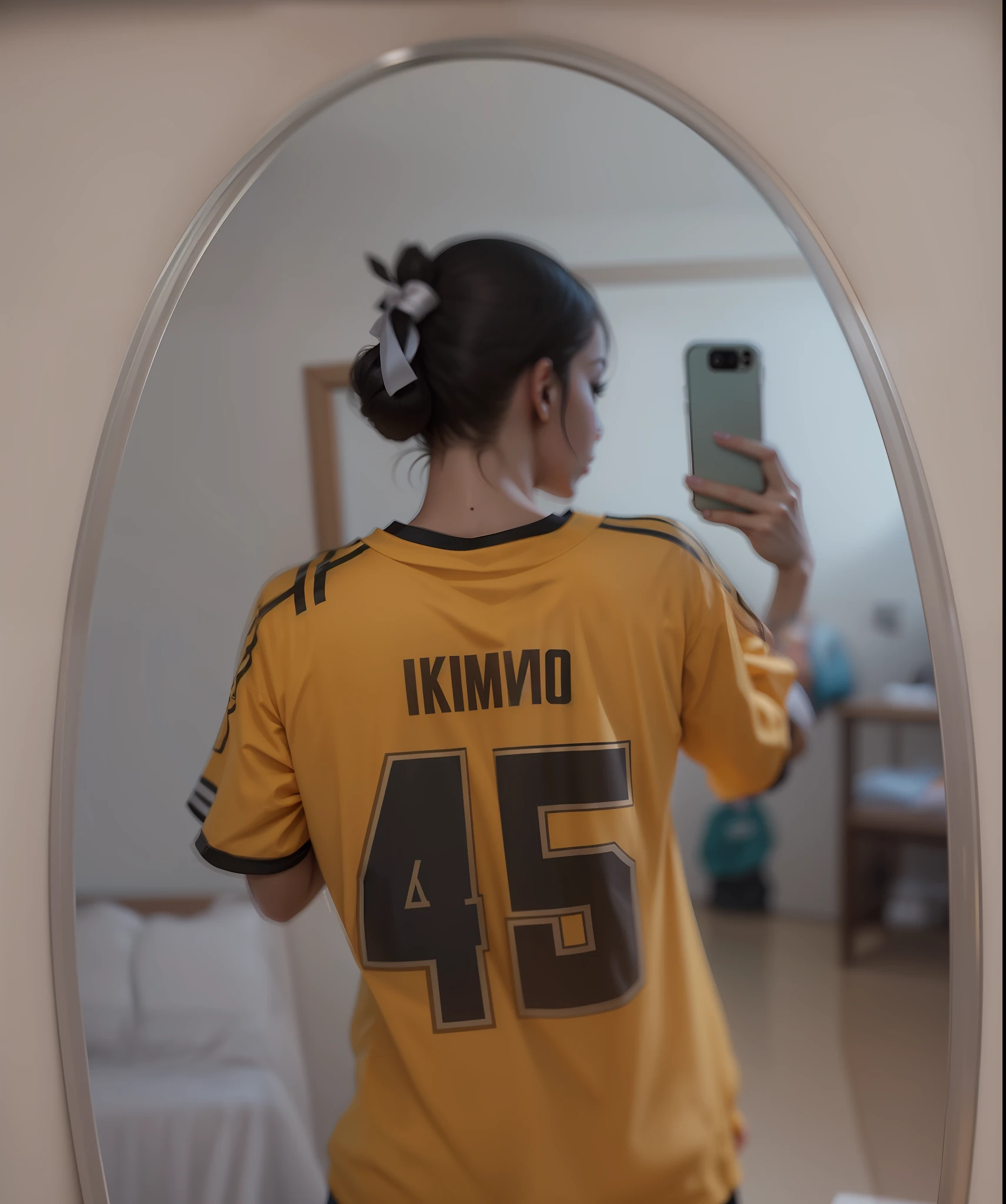 arafed girl in a yellow shirt taking a picture of herself in a mirror, blurry image, blurry photo, blurry face, blurry, distorted photo, low quality photo, very blurry, not blurry, with her back turned, very very low quality picture, view from behind mirror, wearing nba jersey, wearing the number 1 headband, backshot, on the jersey there is Kimno and with number 45