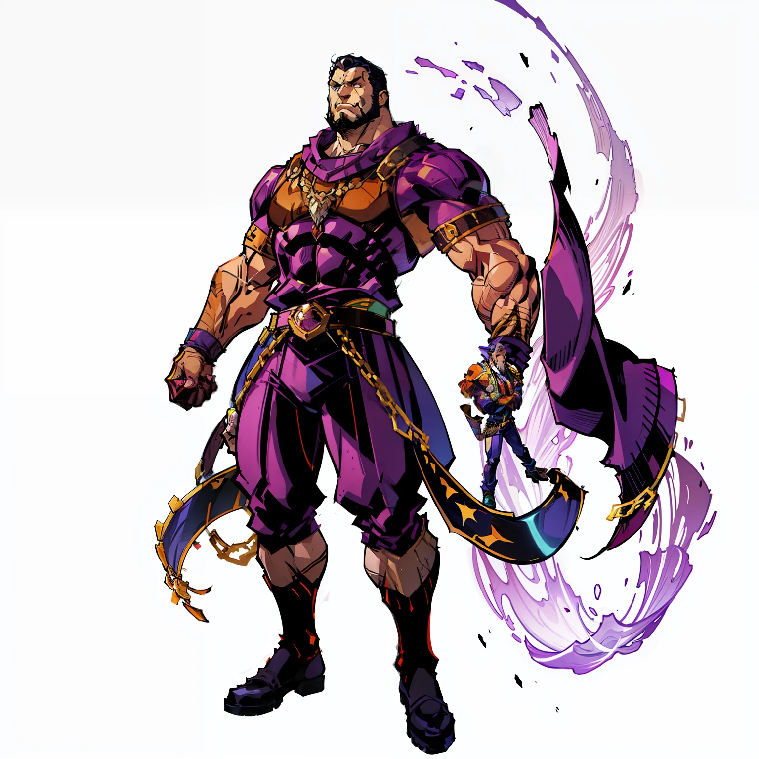 Ruthless Warden, Man's, No background, White background, Full body shot, muscular, 3 copies, black and purple, standing with arms crossed, a beard