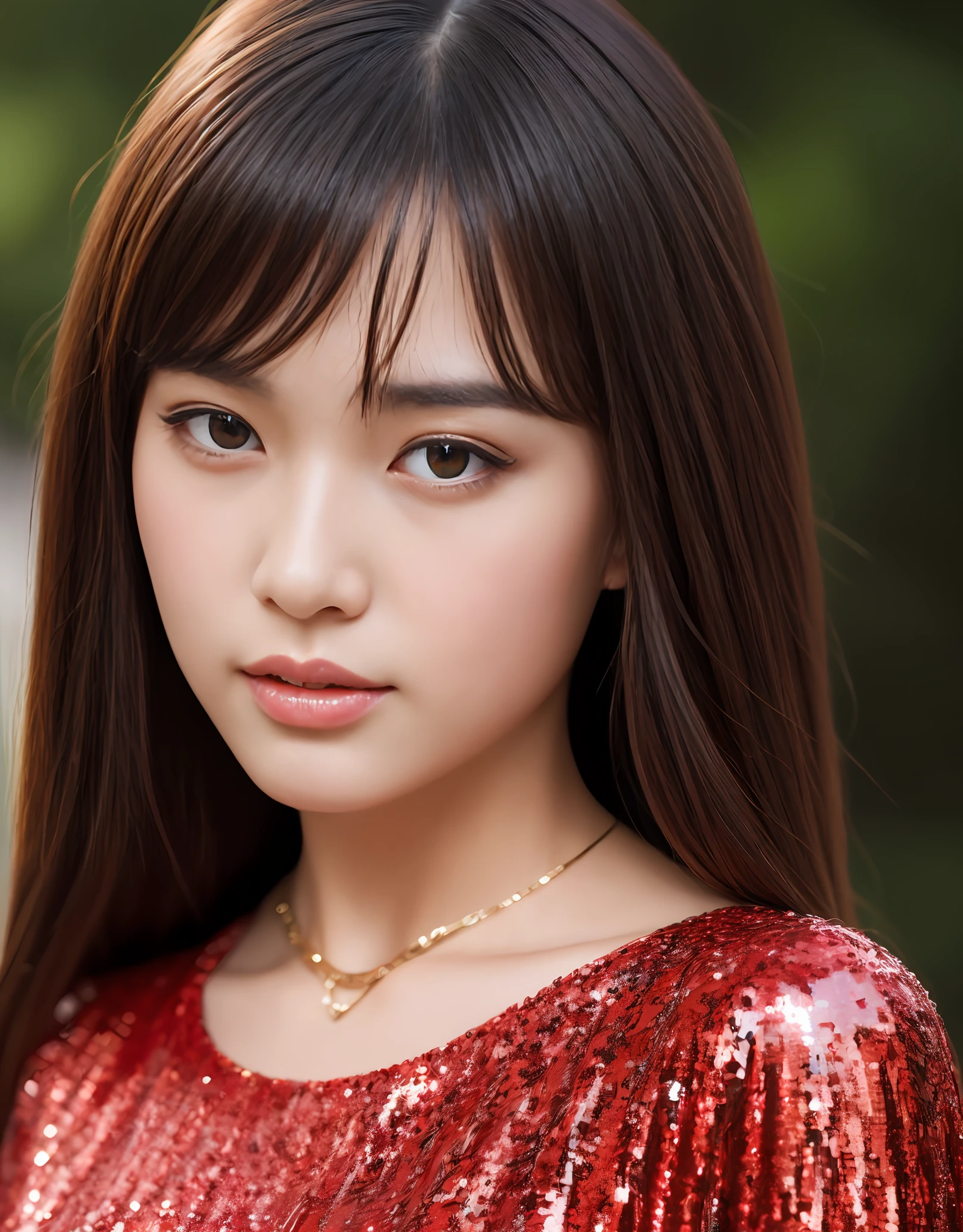 Attractive asian model with silky brunette hair, Cute nose, Thick lashes, Red necklace, Low-cut sequin dress. (8K, Best quality : 1.2), (Masterpiece, Photorealistic : 1.3), Super detail, Anatomically correct