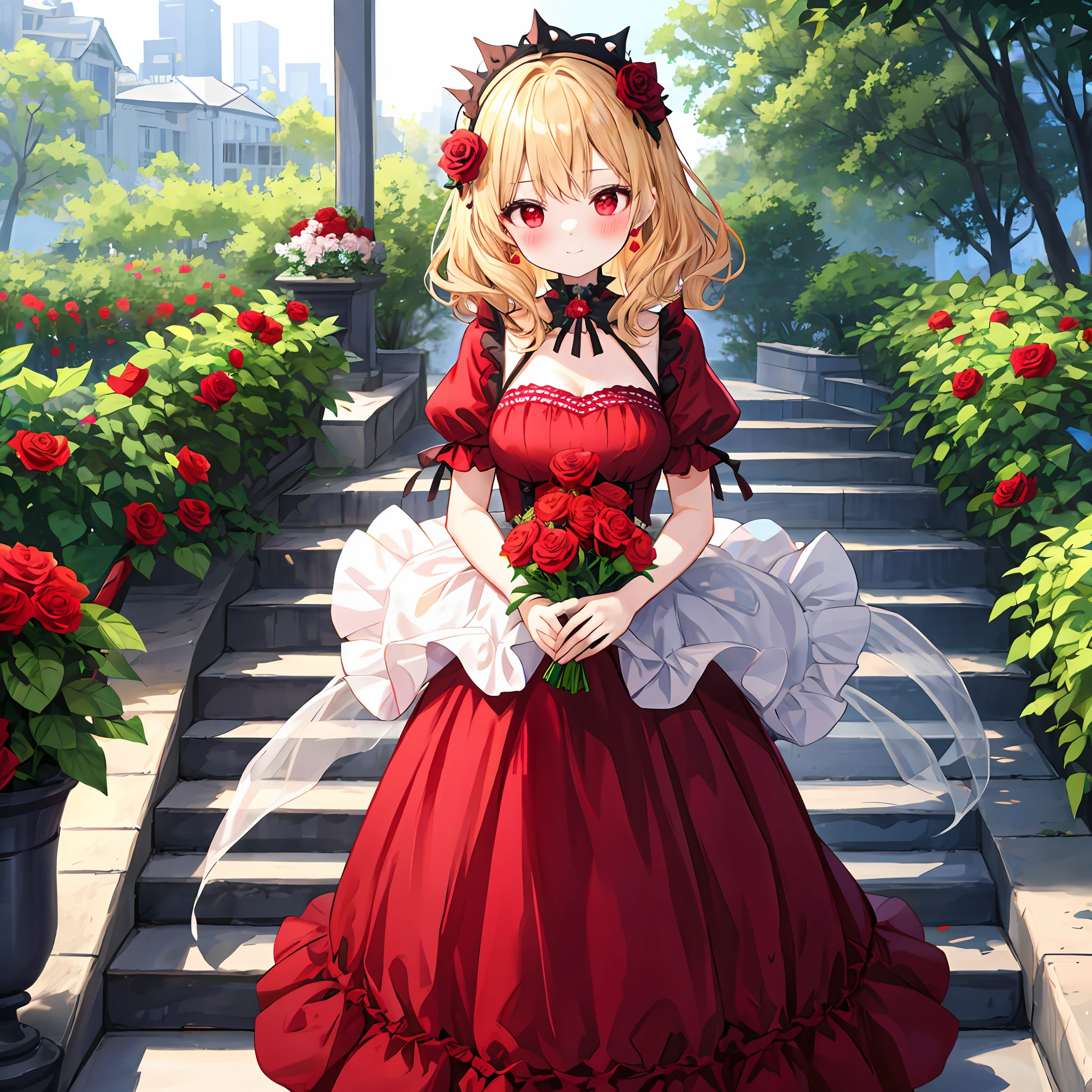 red blush、Wavy blonde hair、red eyes、Beautiful girl alone、animesque、独奏、Dresses in bright colors、a miniskirt、rose garden、lonely、Bouquet of roses