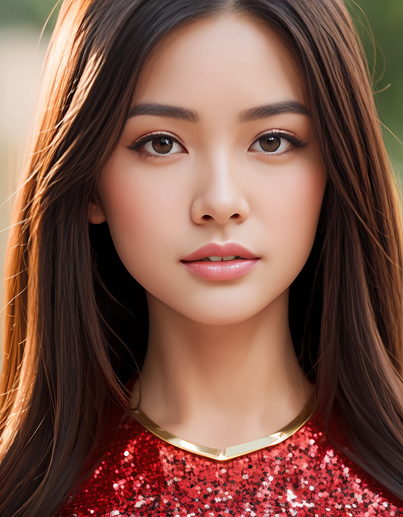 Attractive asian model with silky brunette hair, Cute nose, Thick lashes, Red necklace, Low-cut sequin dress. (8K, Best quality : 1.2), (Masterpiece, Photorealistic : 1.3), Super detail, Anatomically correct