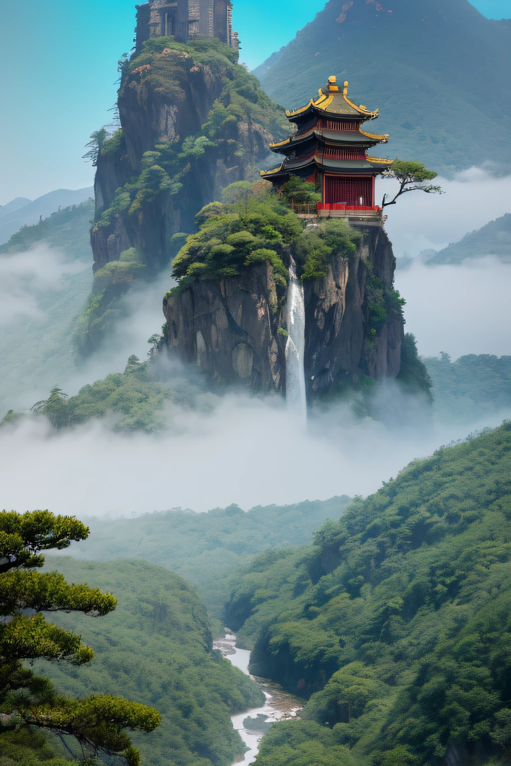 ((Masterpiece)),((Best quality)),32k ULTRAHD,Epic composition,Chinese ink painting on paper,ancient buildings of China,The mountain road is winding,Temple on a cliff,The light reflects the golden mountaintop,Misty clouds,Turquoise spring water flowing from a mountain stream,Verdant pine trees,Asuka Waterfall on the mountain in the distance,The water mist is hazy,Summer resort,Cyan Far Mountain,A grand and mysterious artistic conception,China-style,The legendary sanctuary。