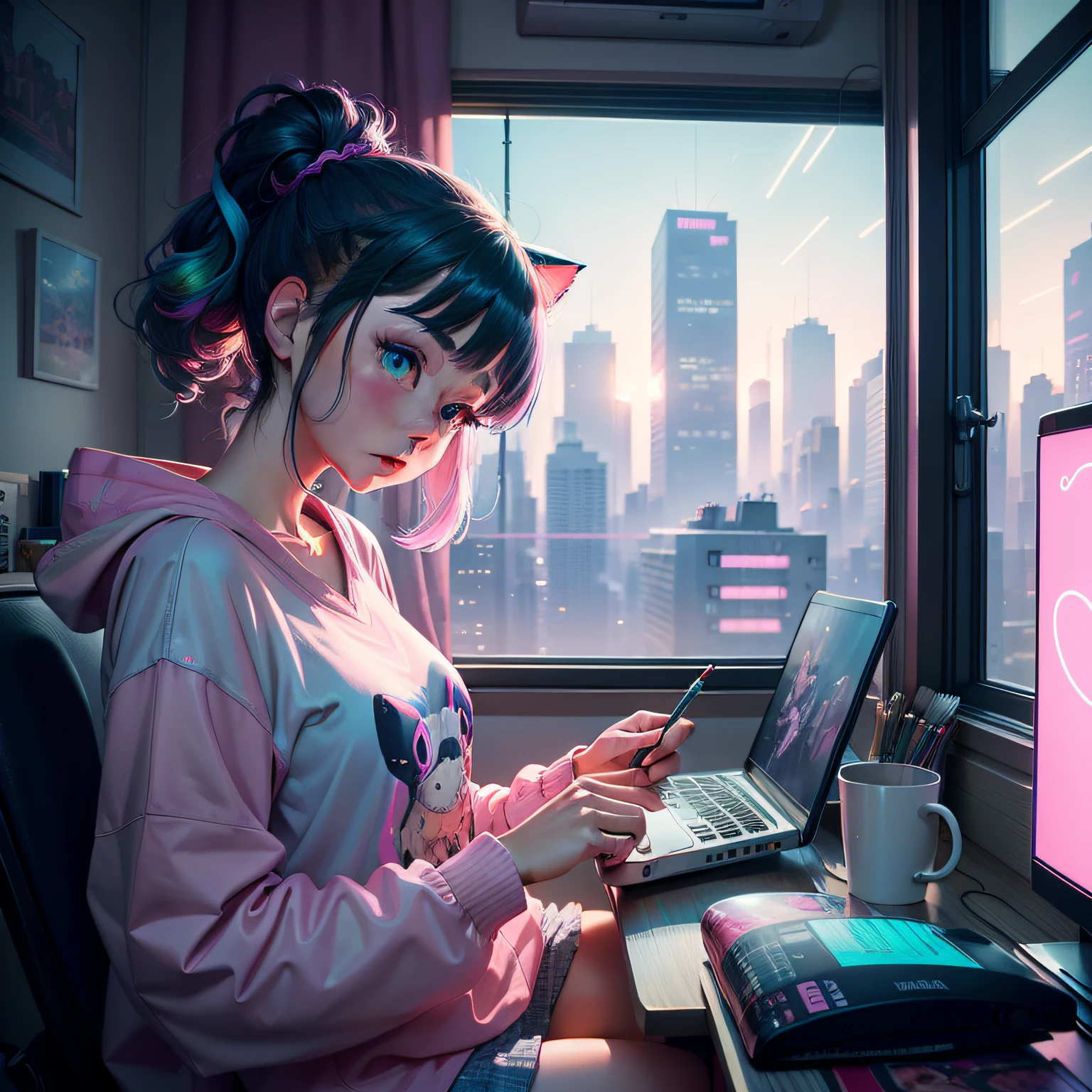 Beautiful painting of woman in small apartment sitting at computer desk in front of window overlooking neon cyber city、Style vaporware cartoon Japan、lo fi、Pet Cats、Chillout Scene、Kawaii Anime Manga Style、illustratio、aesthetics、Neon pastels、Brycecoe、hayao myiazaki、Ghibli style