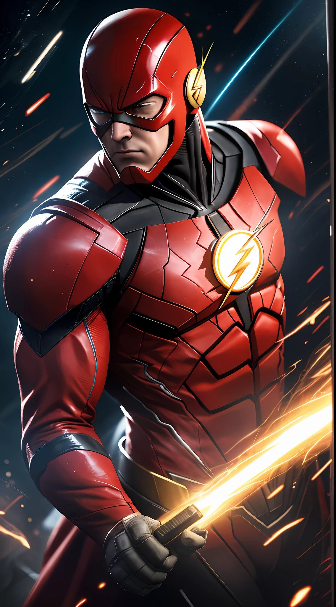 The Flash (Injustice 2), best quality, high resolution, tall, muscular, hunk, white plates and scarlet red neon suit, big glowing yellow eyes, standing powerfully pose, yellow lightning trail, detailed face, detailed suit, ultra detailed, masterpiece, tunnle of light in the background, 4k, raw photo, volumetric lighting, low camera angle