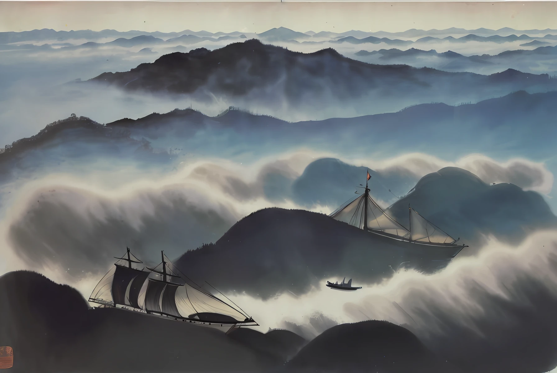 Water meets sky,The morning fog is cloudy。The galaxy turns,Like countless ships dancing the sails。Ancient poetic mood 8k wallpaper masterpiece