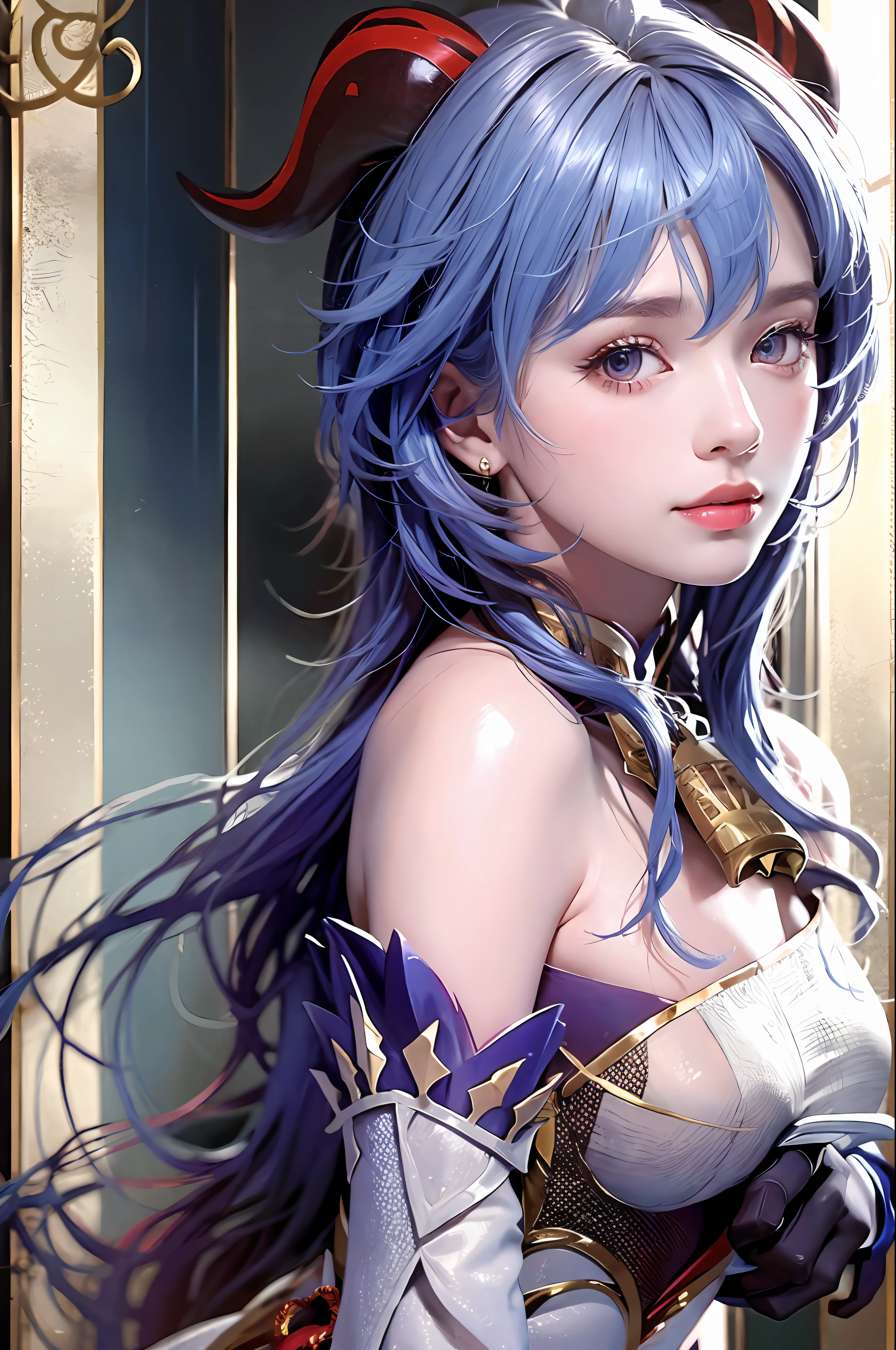 (photorealistic:1.4), (masterpiece, sidelighting, finely detailed beautiful eyes: 1.2), masterpiece*portrait, realistic, 3d face, 
ganyu \(genshin impact\), 1girl, ahoge, architecture, bangs, bare shoulders, bell, black gloves, black pantyhose, (blue hair), blush, breasts, chinese knot, detached sleeves, flower knot, gloves, horns, long hair, looking at viewer, medium breasts, neck bell