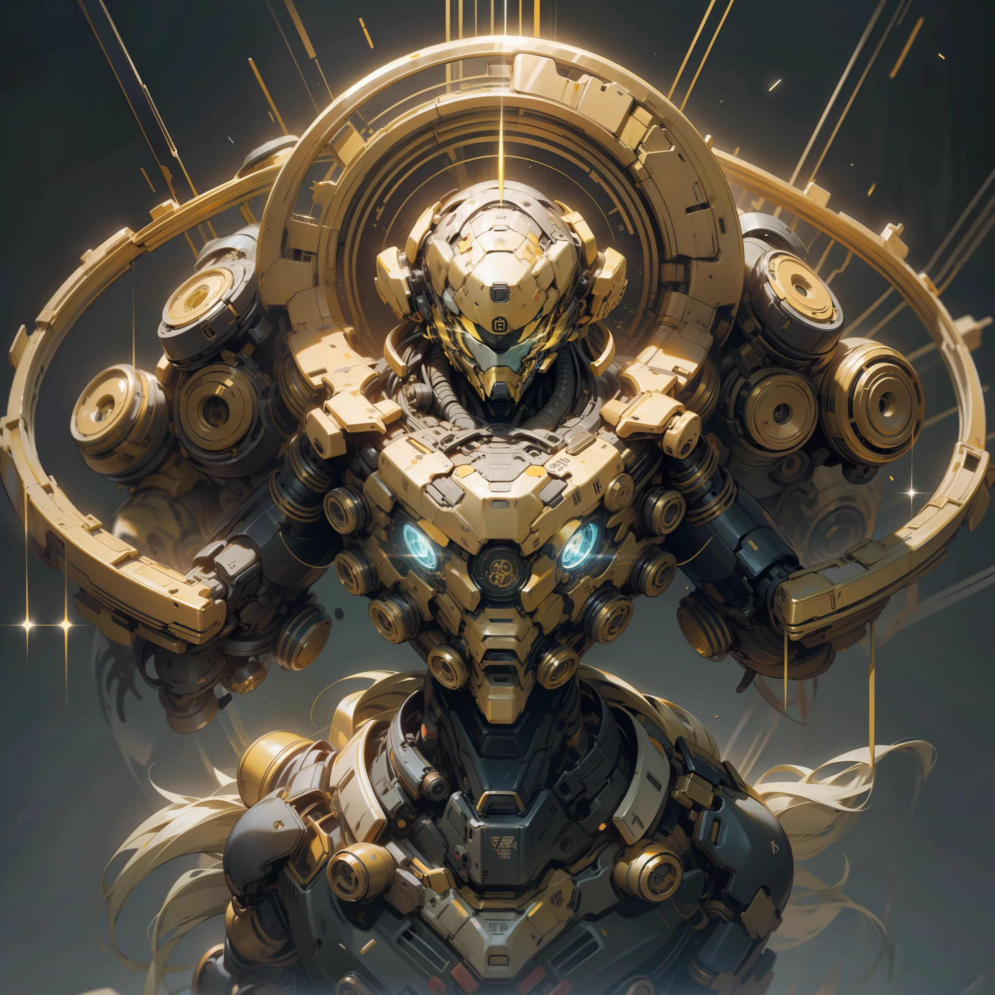 (Golden Ratio:1.2),[(black background:1.4)::10],(masterpiece), (best quality), (ultra detailed),(disheveled hair),(illustration),A giant robot,Yellow and black,Exudes yellow fluctuations