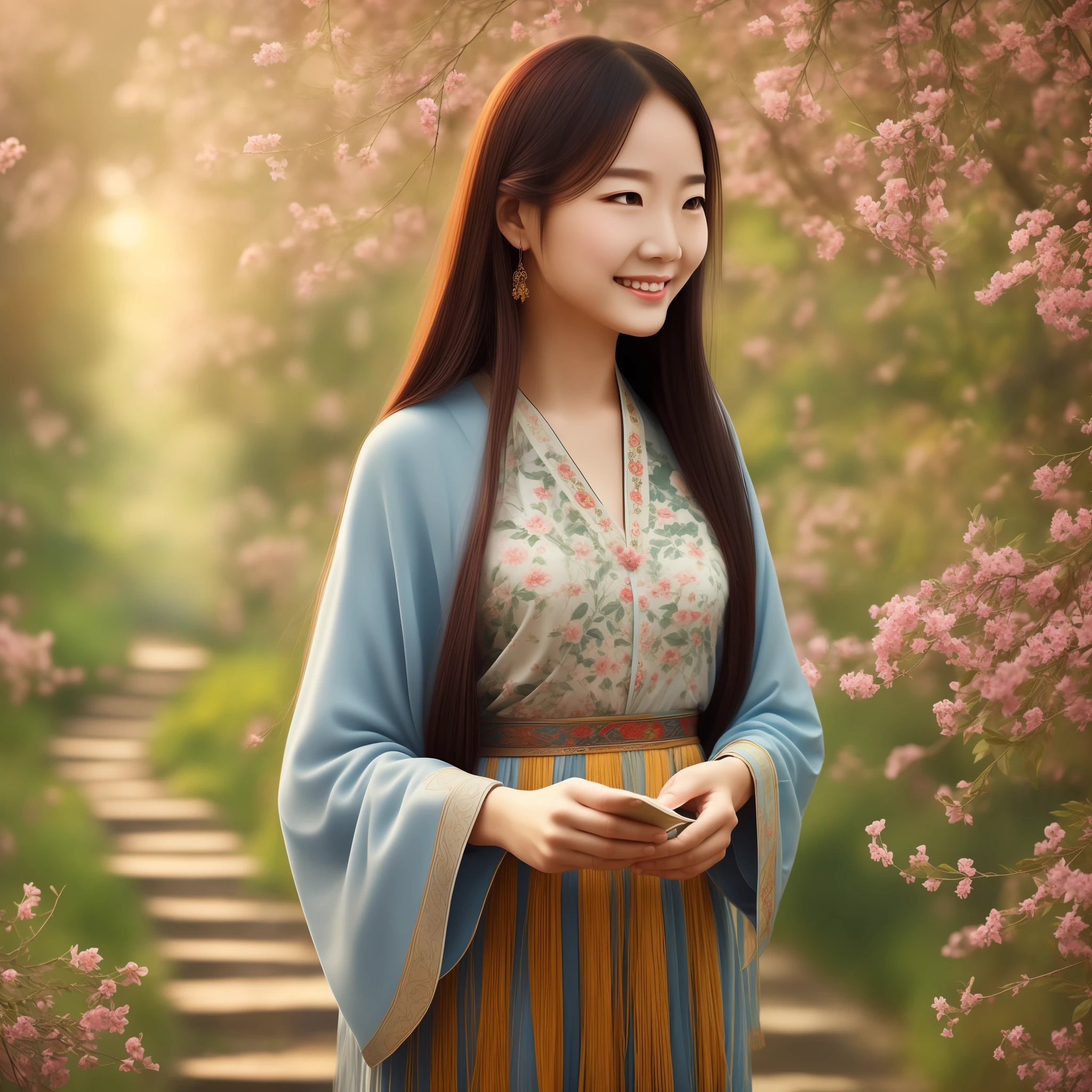 A young woman walks along a garden path，He demonstrated a harmonious connection between pure wisdom and nature。She reads ancient poetry，Through the eyes and smiles, the emotions and meaning of life in the poetry are conveyed。She builds a trusting and tacit relationship with the birds that surround it。Her presence exudes a unique temperament and charm，It gives a feeling of tranquility and serenity。 On lyrical themes connected to nature poetry and the inner world。 7680*4320 High quality。