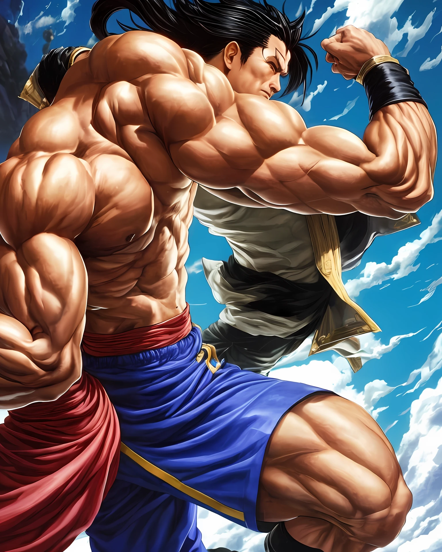 Hiper realista, corpo inteiro, forehead biceps, the king of fighters 95 Ryo Sakazaki, corpo tipo Arnold schwarzenegger, arte shinkiro