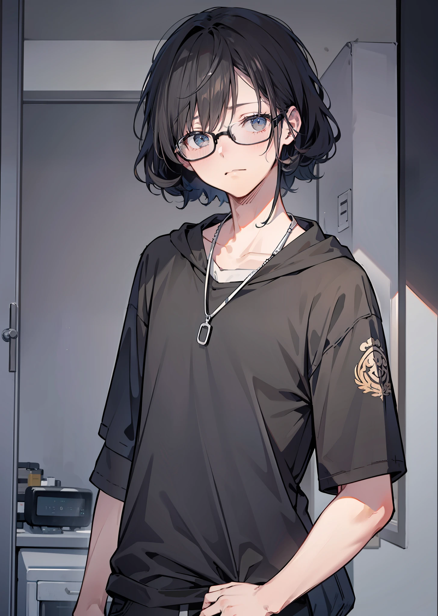 Delicate man，Sick，morbid，（exquisite image）illustration，black-frame glasses，curlies，male people