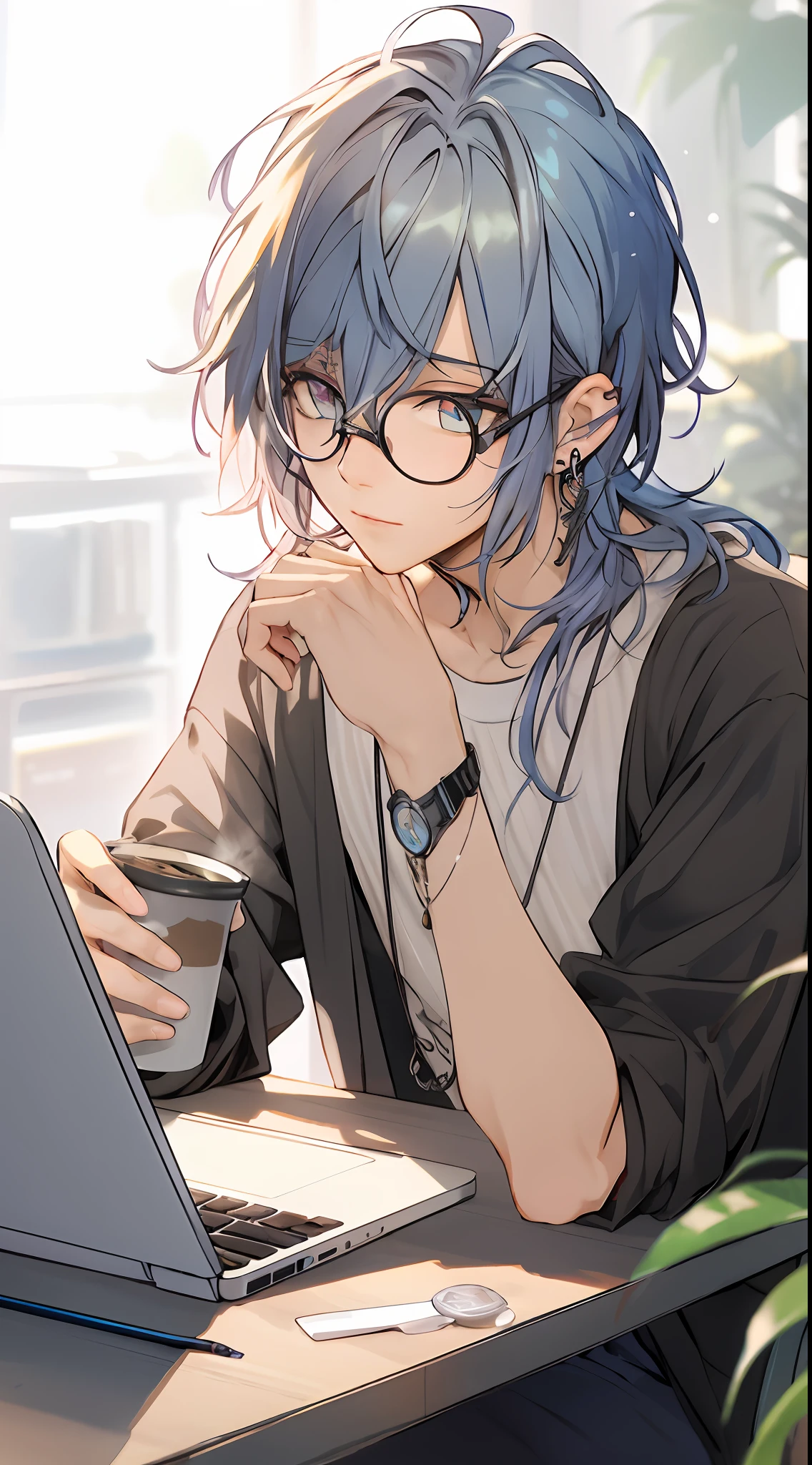 Anime - image of blue hair and bespectacled man sitting at desk with laptop, 2 d anime style, young anime man, inspired by Okumura Togyu, 2 D Anime, with index finger, !!Wearing glasses!!, Handsome Anime Pose, digital anime illustration, Anime Boy