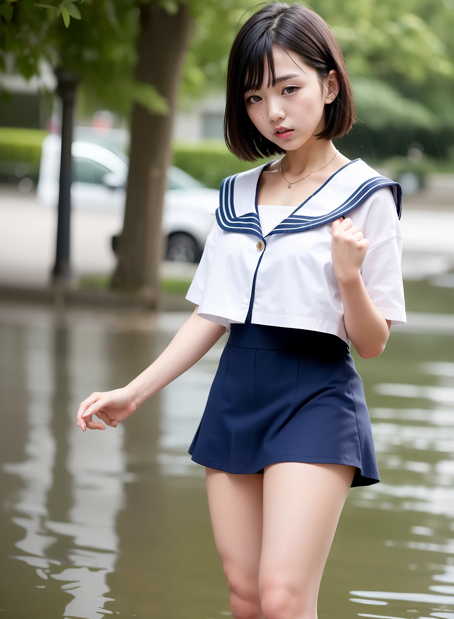 Dark hair、shorth hair、a sailor suit、a short skirt、skinny body、Lifting the skirt with your hands、White panties、Very wet from rain、with round face、very droopy eyes、red-lips、hi-school girl、japanes