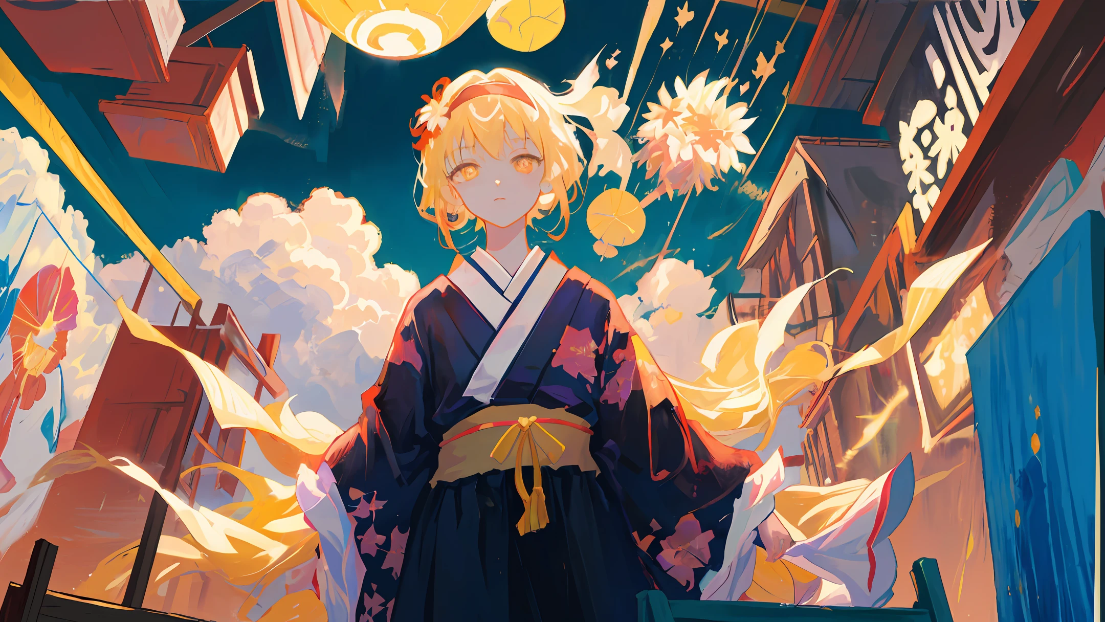 Extremely detailed Cg Unity 8K wallpaper, (illustration), ((Painting)), Best quality, full bloom, Dynamic Angle, 1girll, Solo, mahiru shiina, Yellow eyes, Glowing eyes, Blonde hair, (komono), Japanese_clothes, Fireworks, Night, Floral_print, (randomly distributed clouds),red hairband，