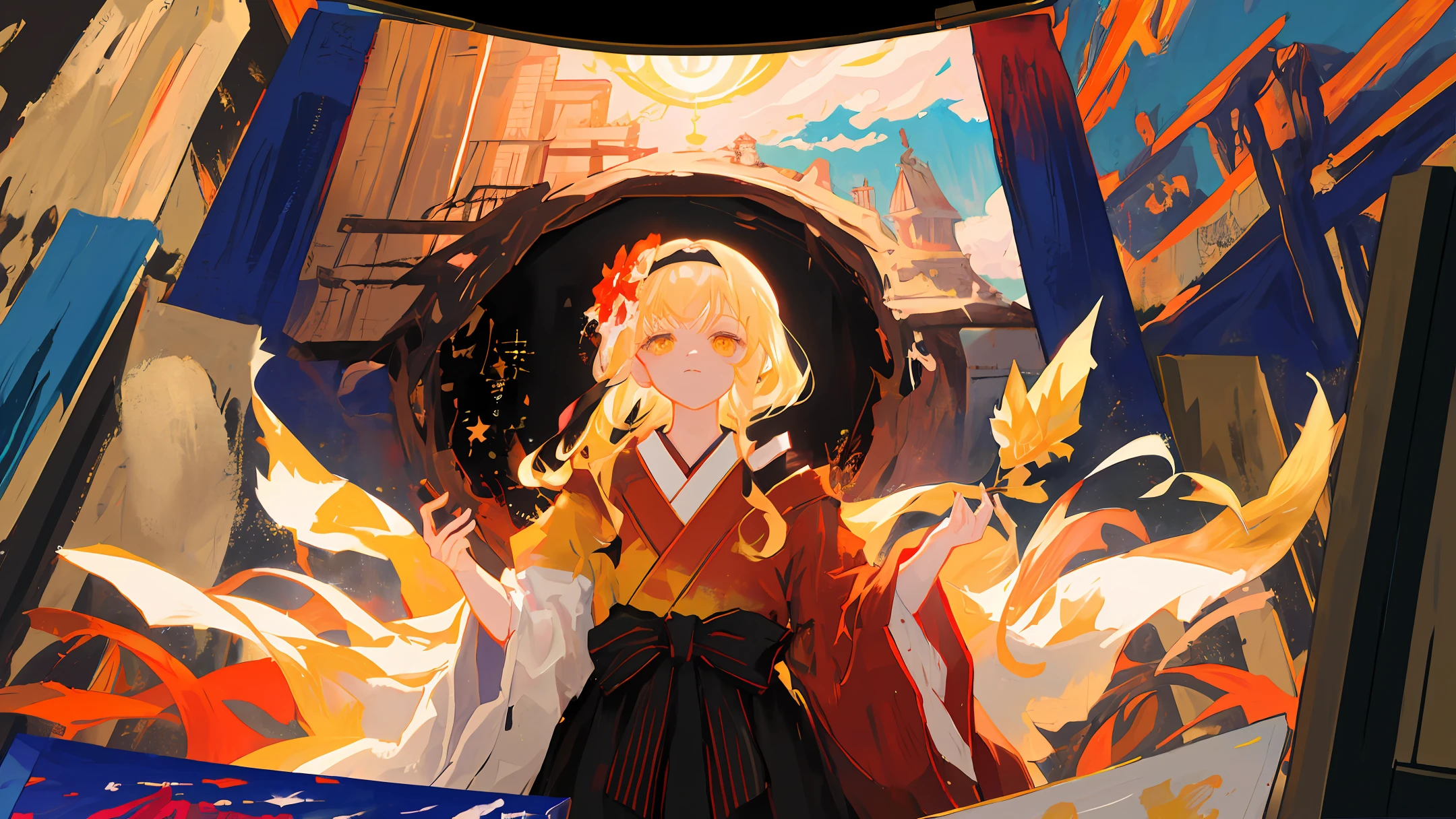 Extremely detailed Cg Unity 8K wallpaper, (illustration), ((Painting)), Best quality, full bloom, Dynamic Angle, 1girll, Solo, mahiru shiina, Yellow eyes, Glowing eyes, Blonde hair, (komono), Japanese_clothes, Fireworks, Night, Floral_print, (randomly distributed clouds),red hairband，