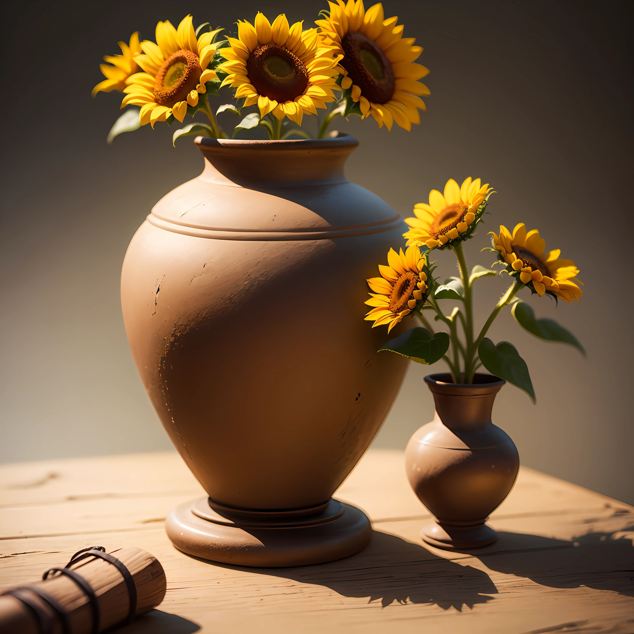 Roman clay amphora with a sunflower flower, sobre mesa de madeira redonda, diffuse side lighting, perspectiva vista superior --auto
