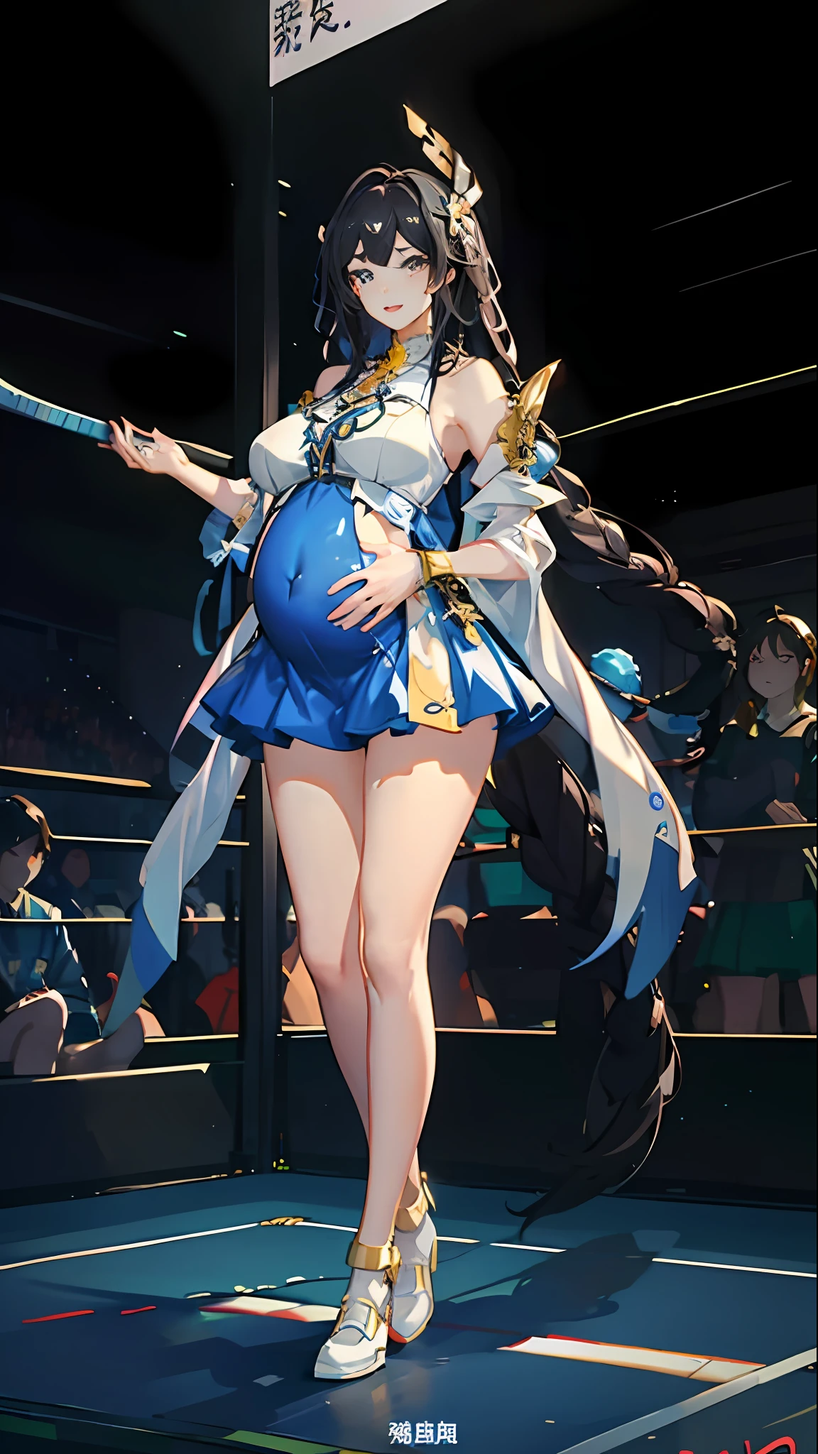 hoang lap、tmasterpiece、Best quality、realisticlying、Hyper-detailing、（Shiny skin，sweat leggs:1.4）、Slim、Look at the audience、1girll、Solo、tennis wear、White polo shirt、White sneakers、white mini-skirt、long whitr hair、silber hair、eBlue eyes、（thick thight:0.5）、动态照明、A high resolution、sharp fokus、depth of fields、Large breasts，Pregnant belly，Pregnant women with，a navel，A pair of hands，ssmile，Eyes are loving，Lines of a tight grid，perfect bodies，Wearing white stockings