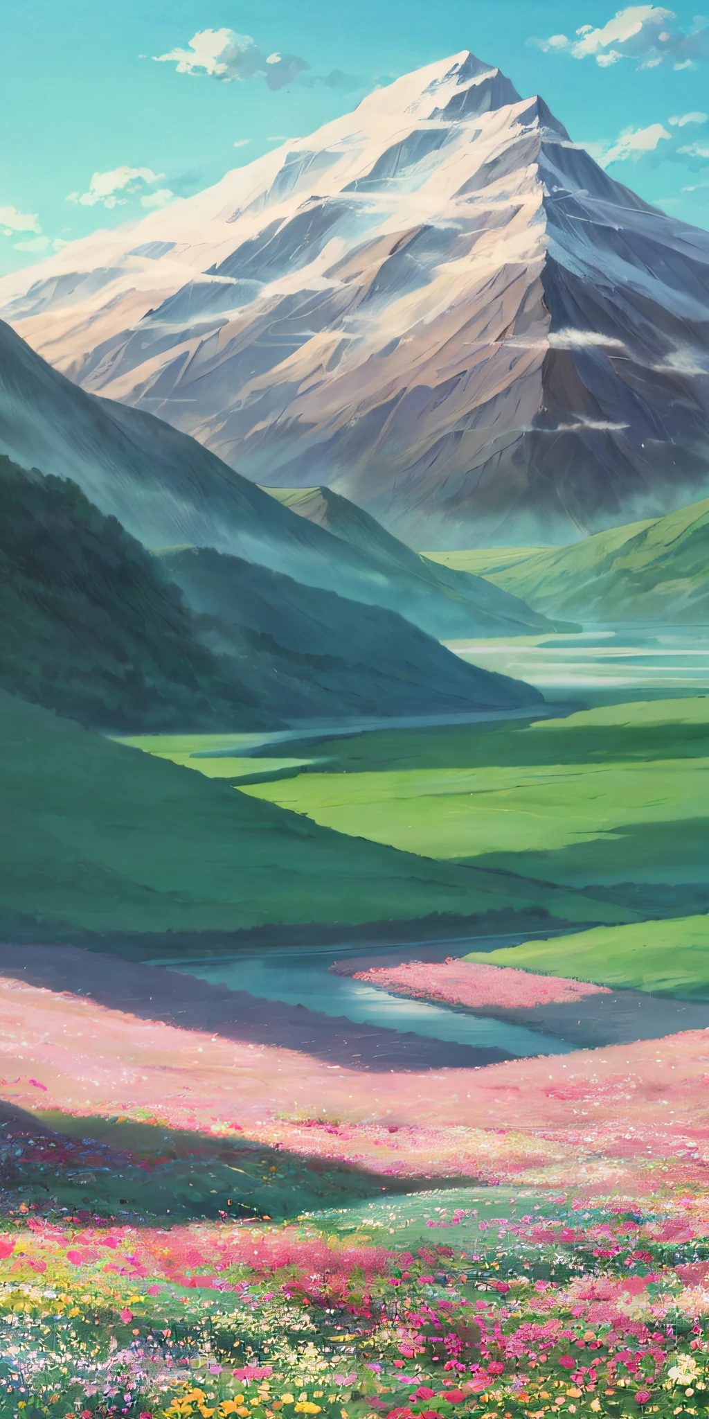 Masterpiece, highest quality, radiant flowery field between two mountains, tarot card style illustration, pure water river, few clouds, in the style of scenery, no humans, no girl, no boy, no man, no woman