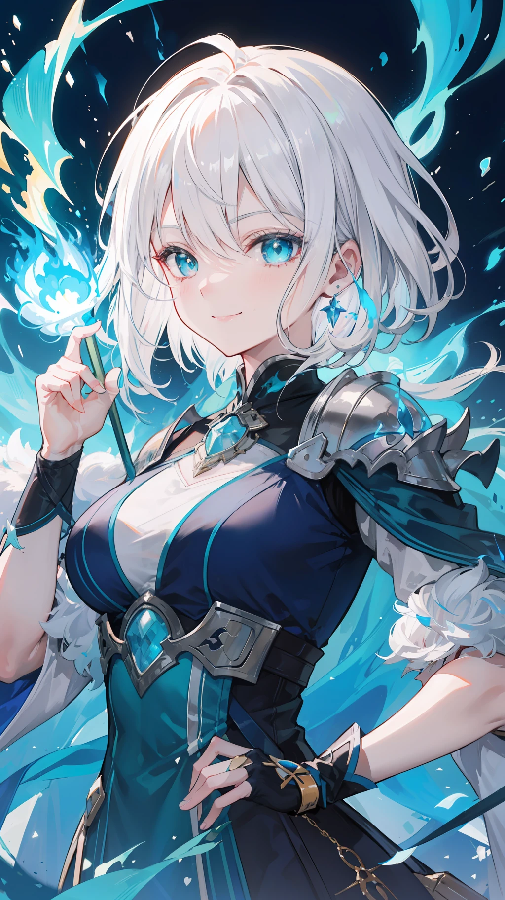 "4K epic fantasy scene: A white-haired, green-eyed human smiling stood in the midst of the chaotic battlefield, she looks happy，Holding a blue flame, Holding a blue flame."