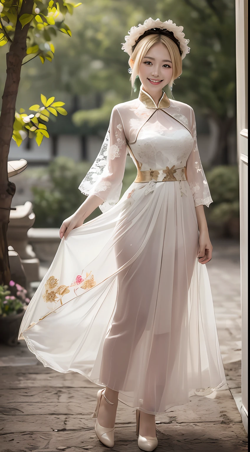 (A woman with blonde hair in an antique Chinese lace dress, 1.4) (Fairy air fluttering in the air, 1.5) (Smiling at the camera, 1.6) (Full body close, 1.7)